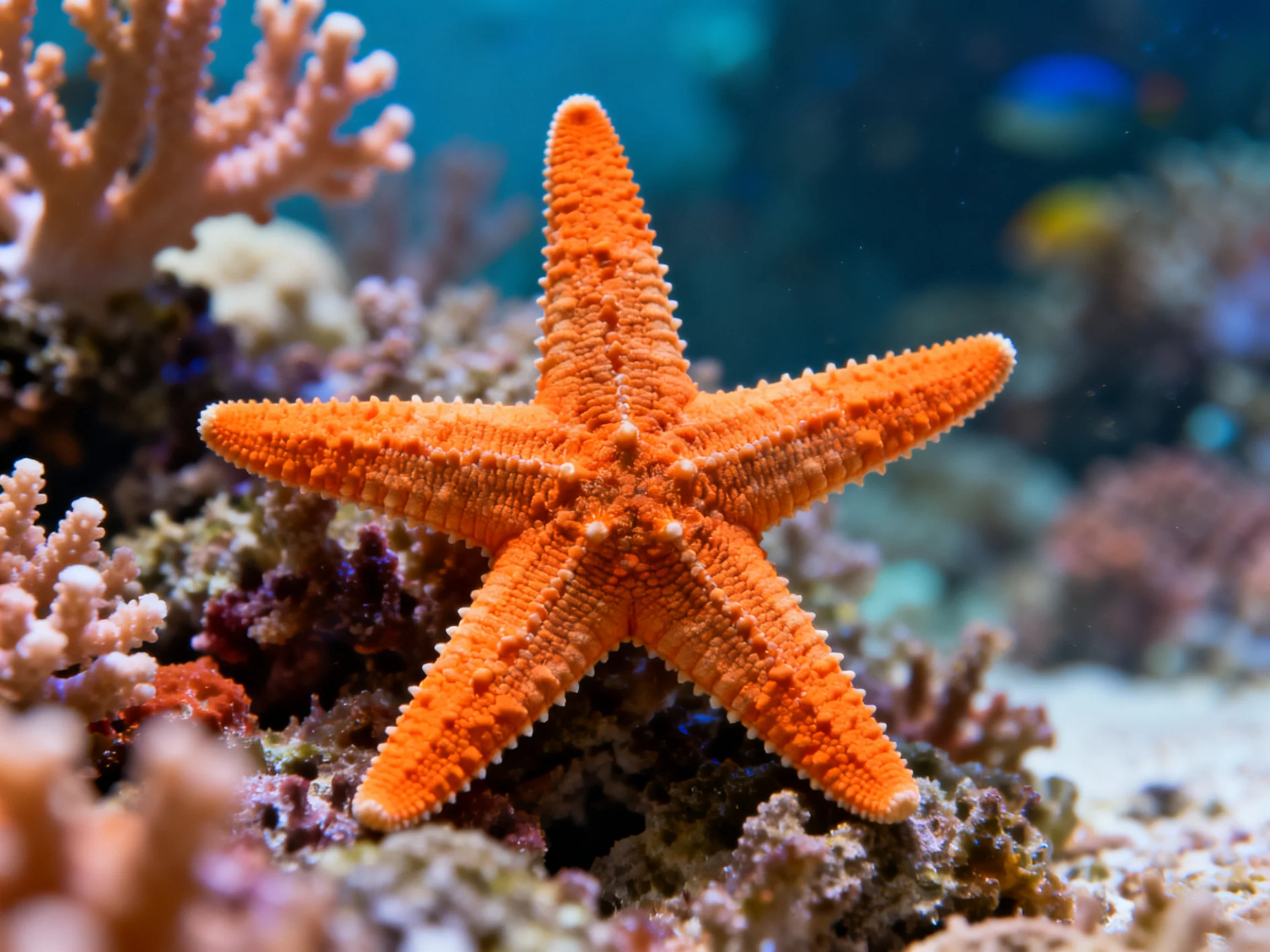 An orange starfish rests among colorful corals in an underwater reef
