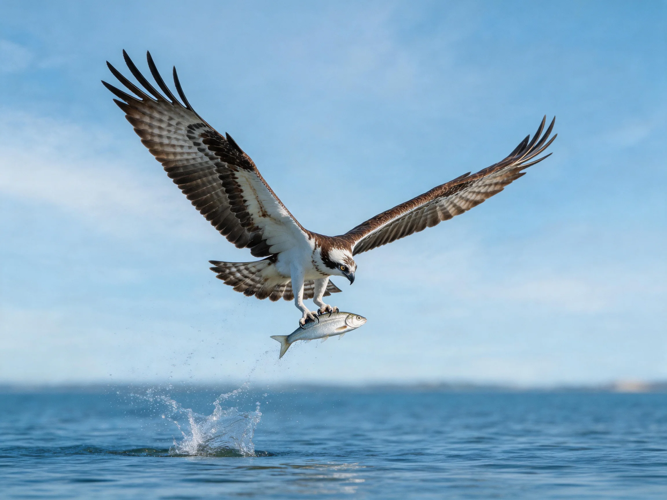 An osprey carrying a silver fish mid-air over calm blue water