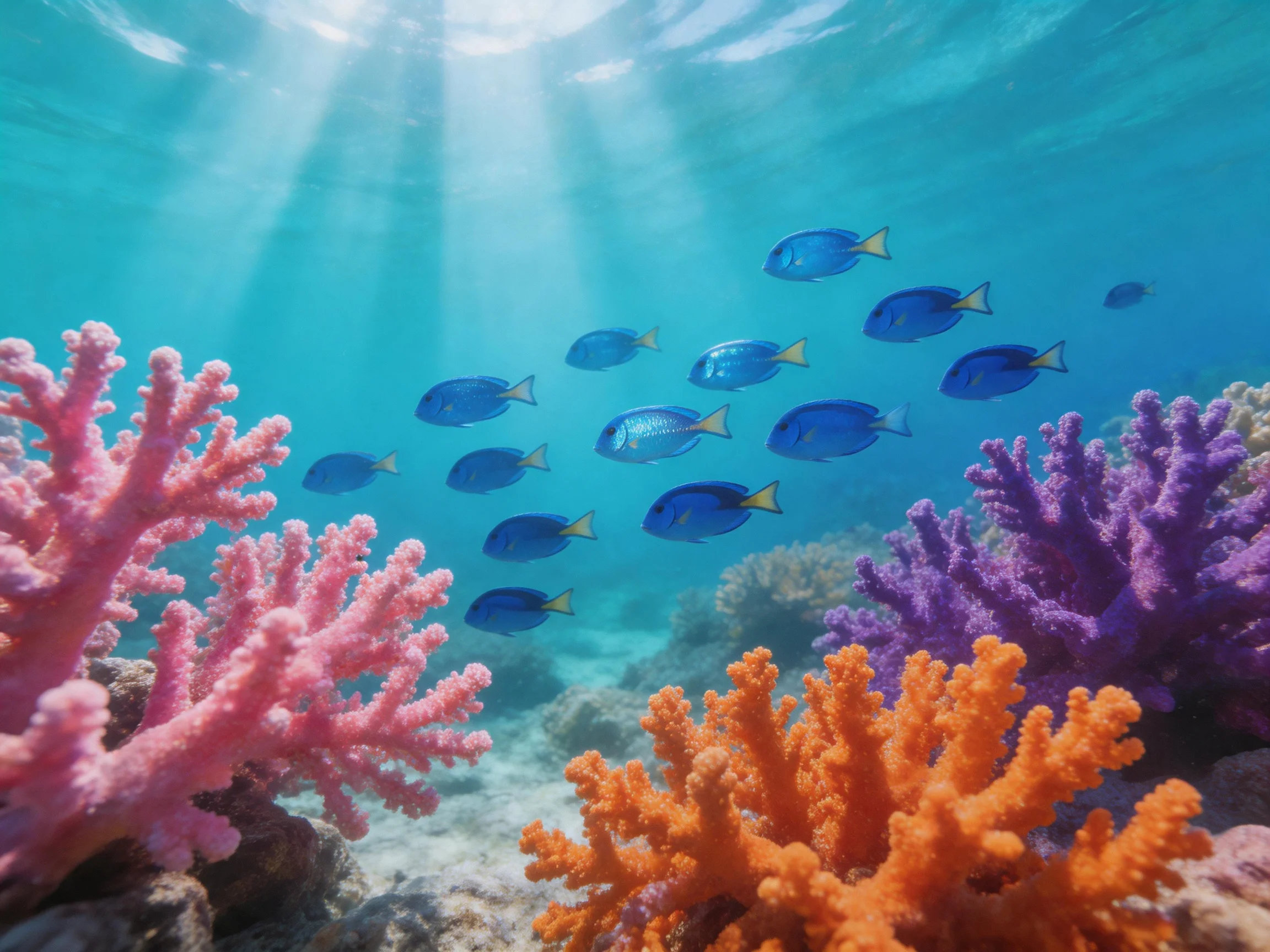 Blue fish swim amid vibrant pink, orange, and purple coral reefs