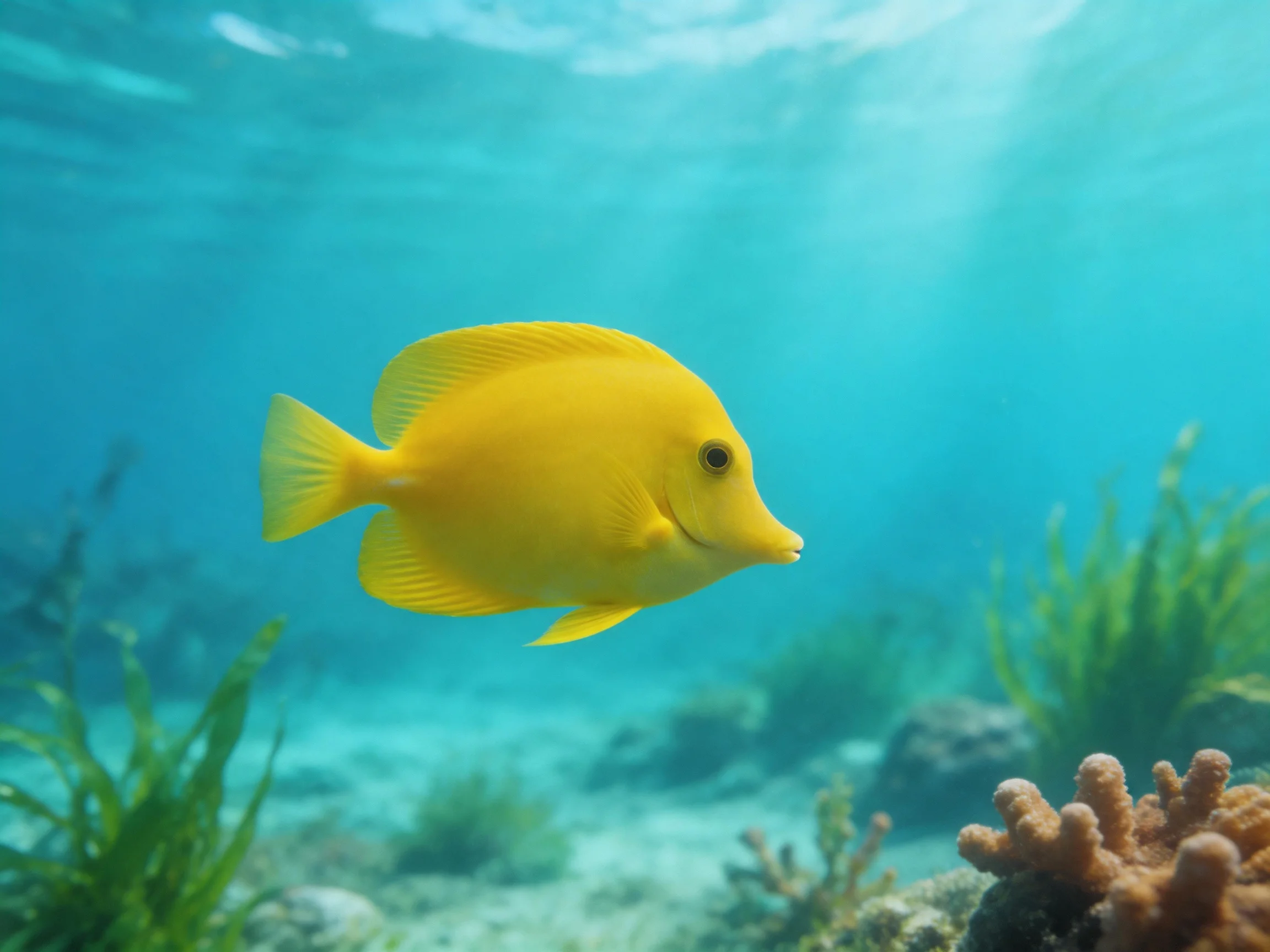 Bright yellow tropical fish swims near coral and seaweed underwater