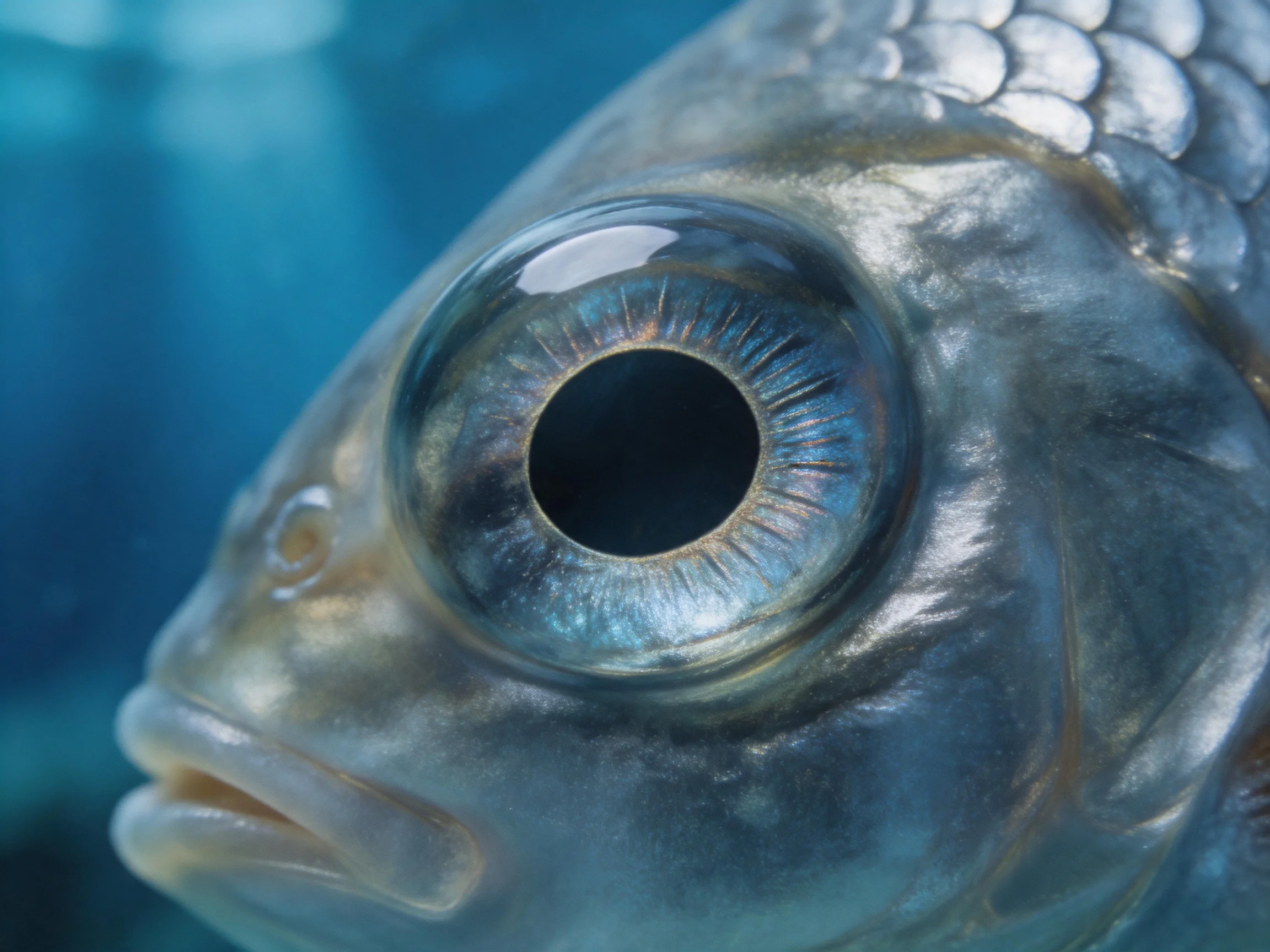 Close - up of a silver fish’s large blue - hued eye