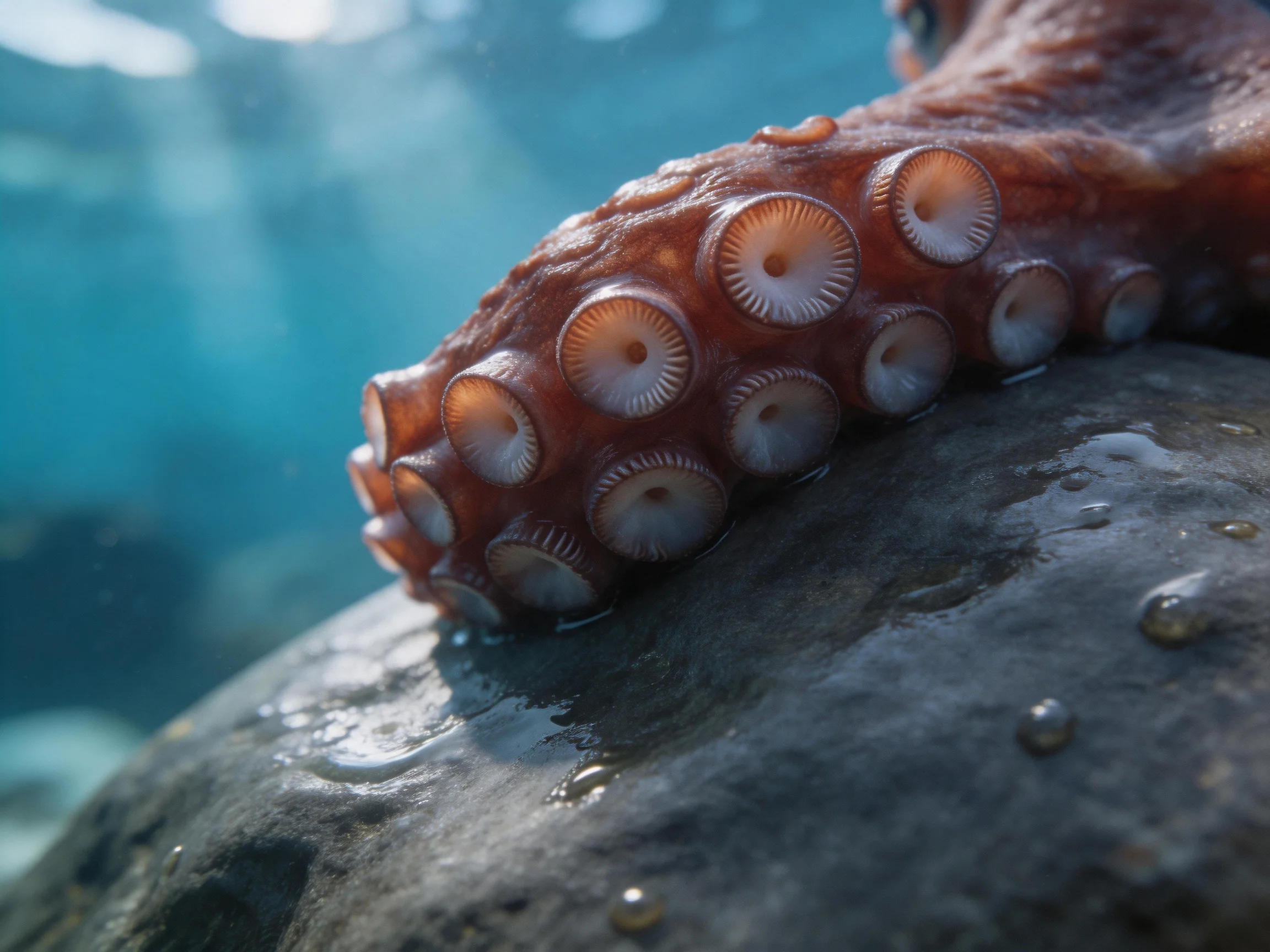 Close - up of an octopus’s reddish - brown tentacle on a wet rock