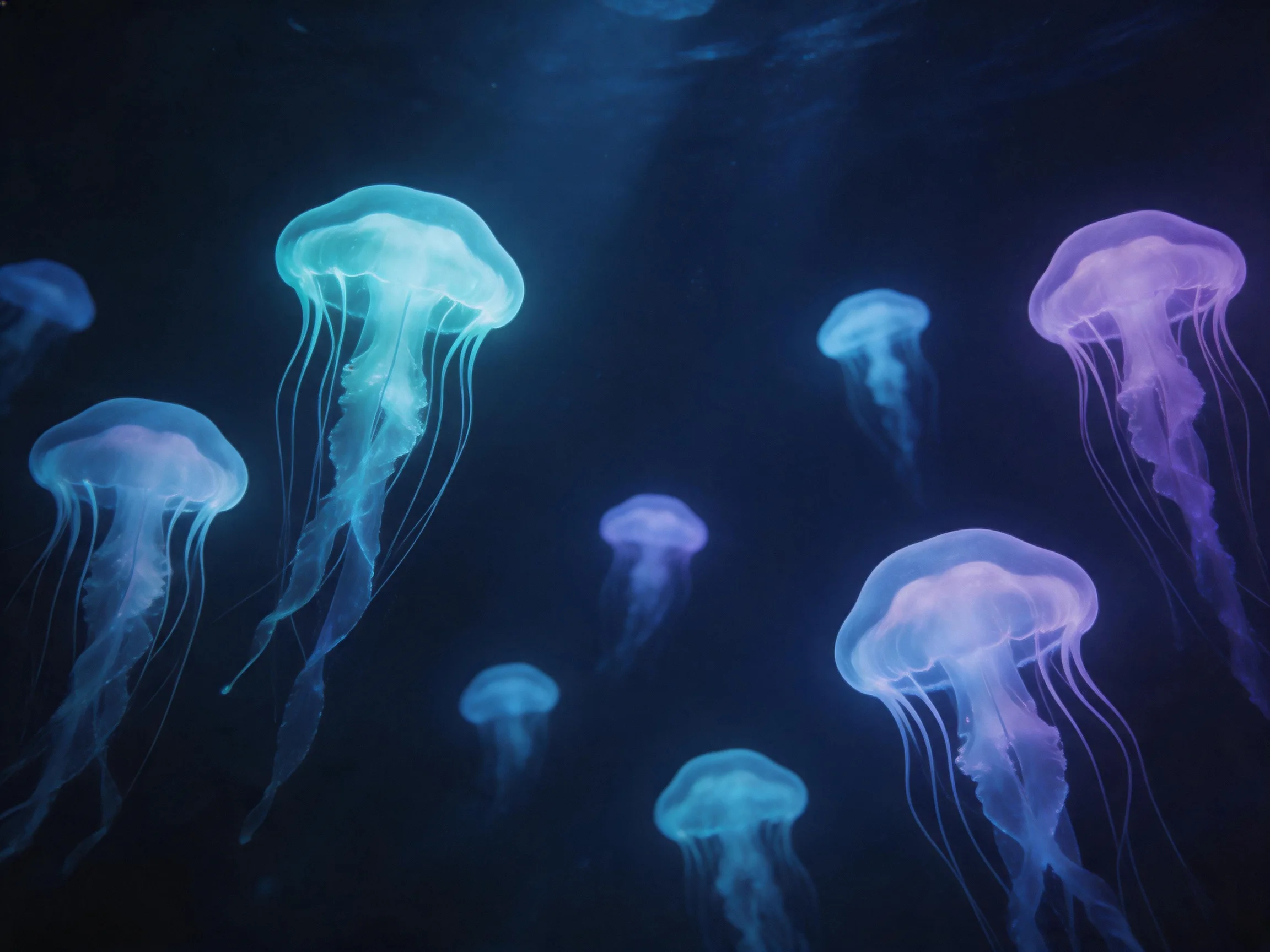Colorful Jellyfish Swimming in Dark Blue and Purple Waters