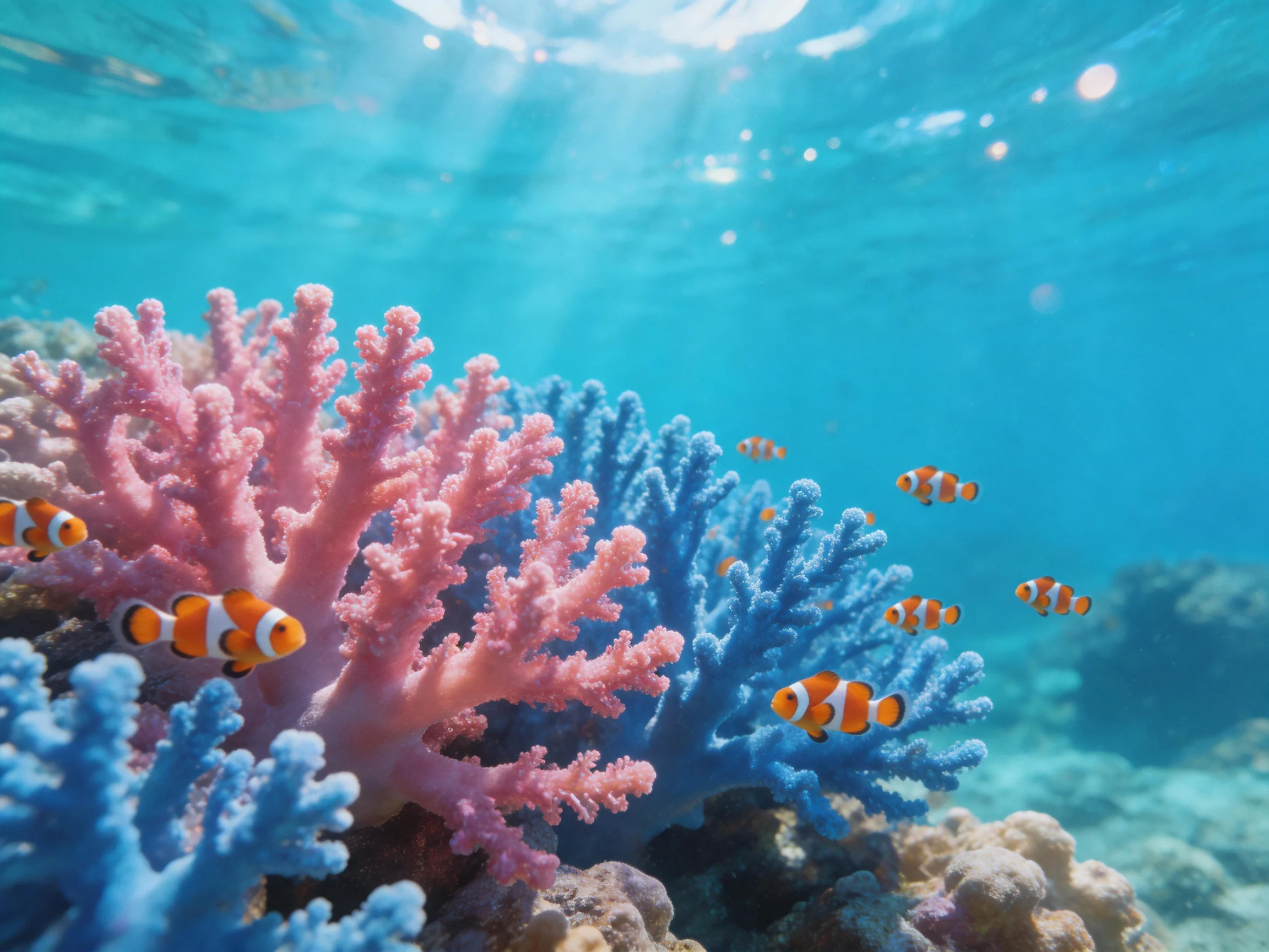 Colorful clownfish swim among vibrant pink and blue corals in clear water