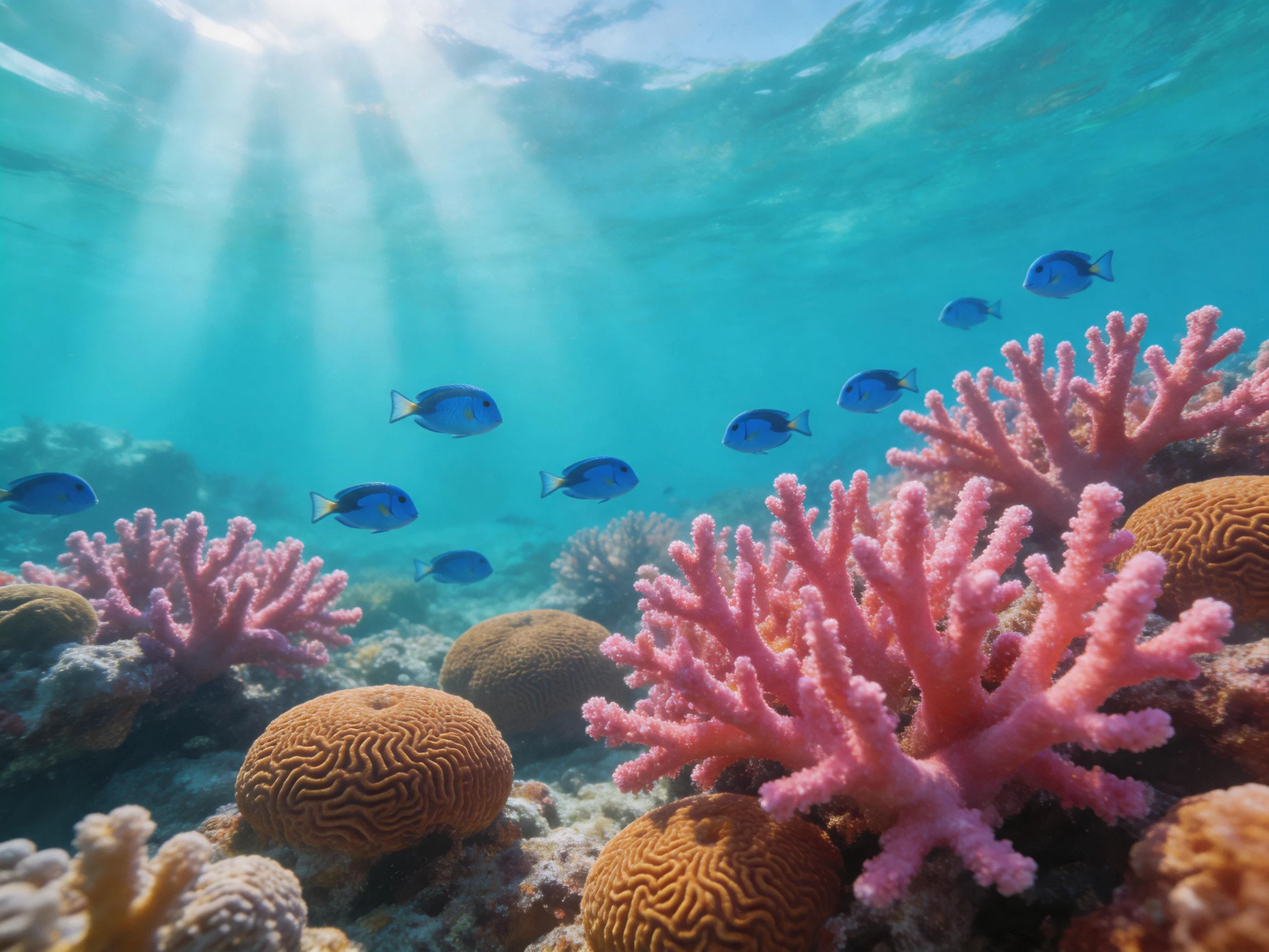 Colorful coral reef with blue fish and sunlight filtering
