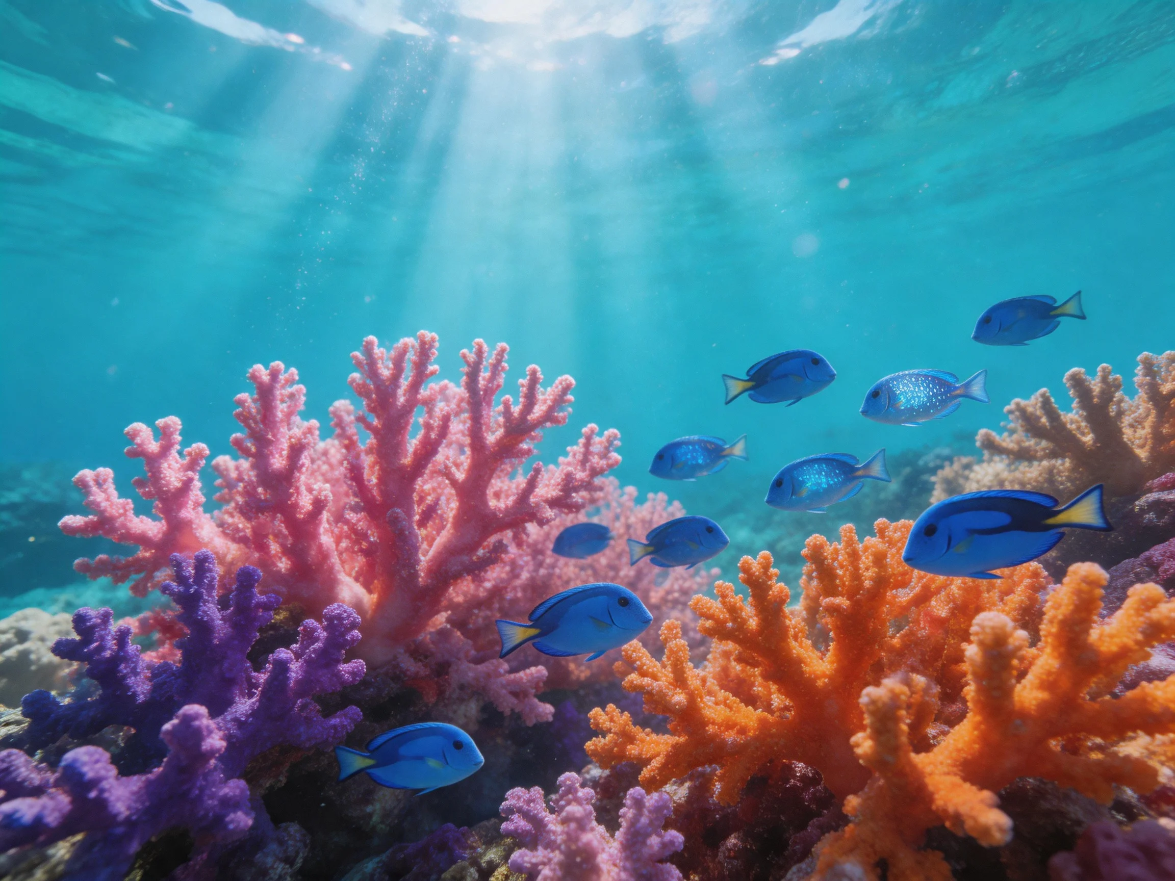 Colorful coral reef with blue fish swimming among pink, orange, purple corals
