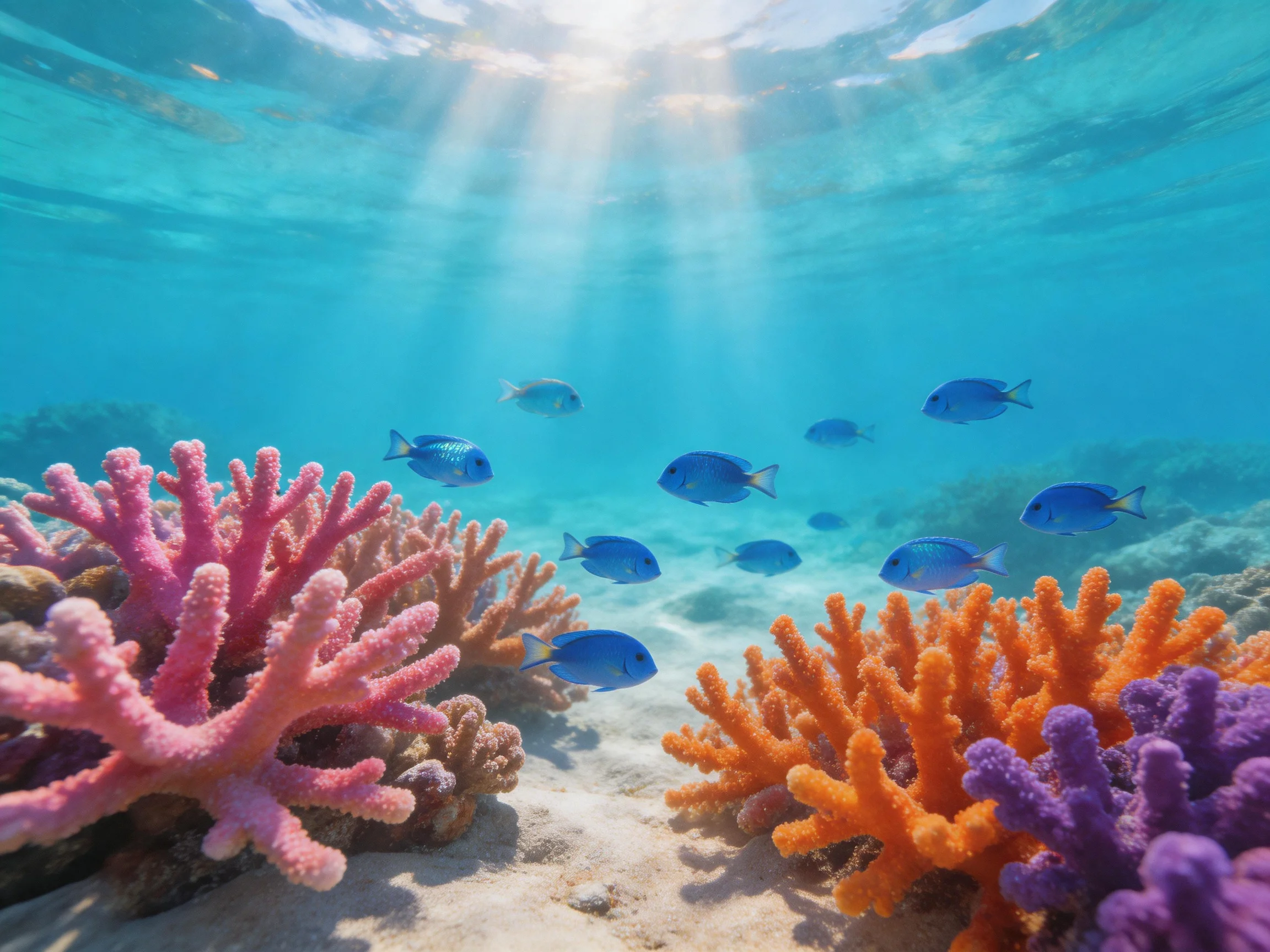 Colorful coral reef with blue fish swimming among pink, orange, purple corals