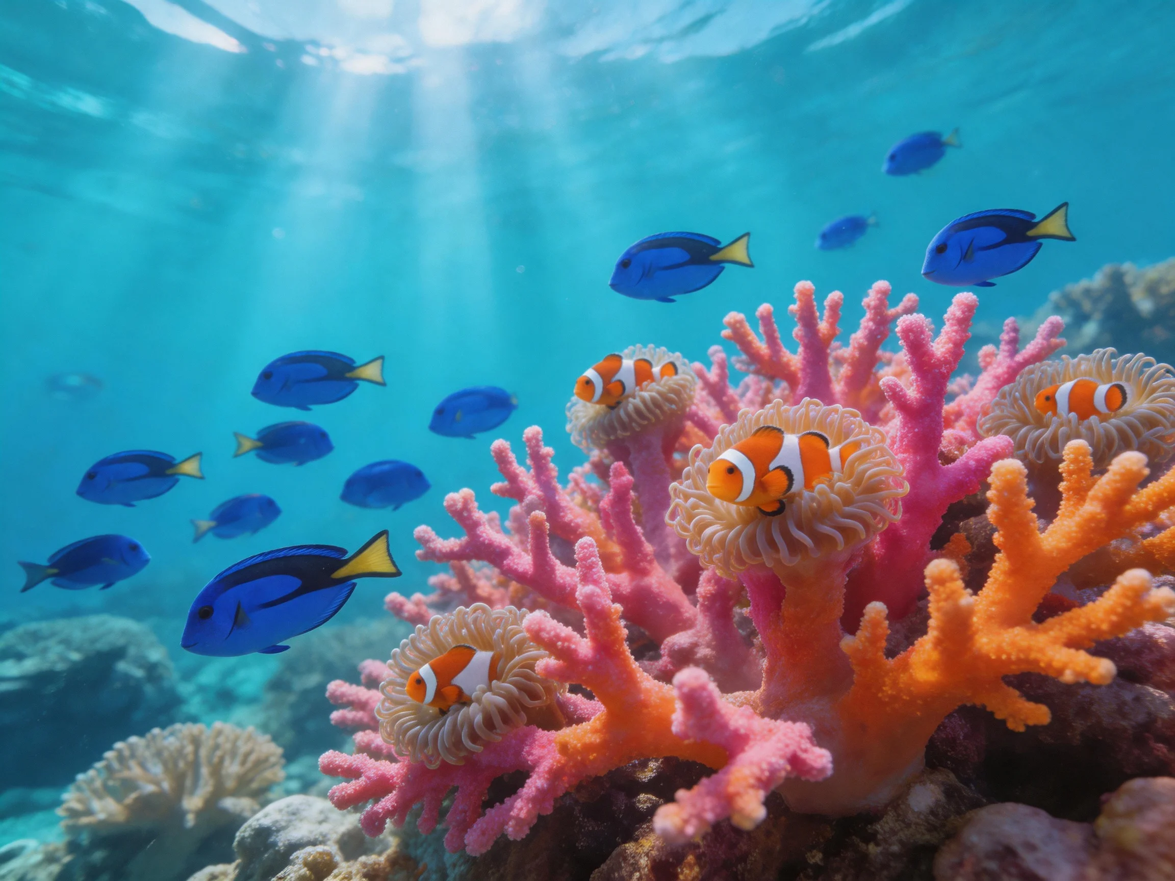 Colorful coral reef with clownfish and blue tropical fish