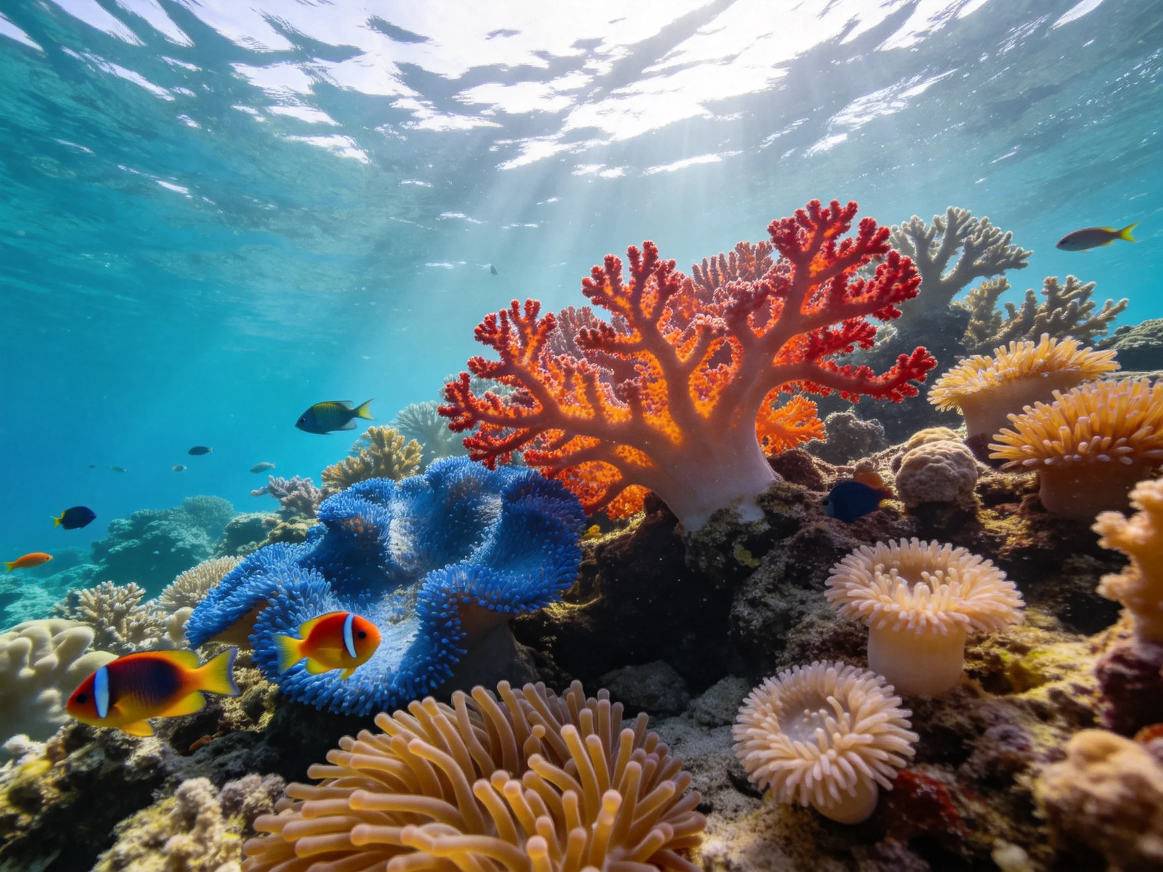 Colorful coral reef with clownfish and diverse corals