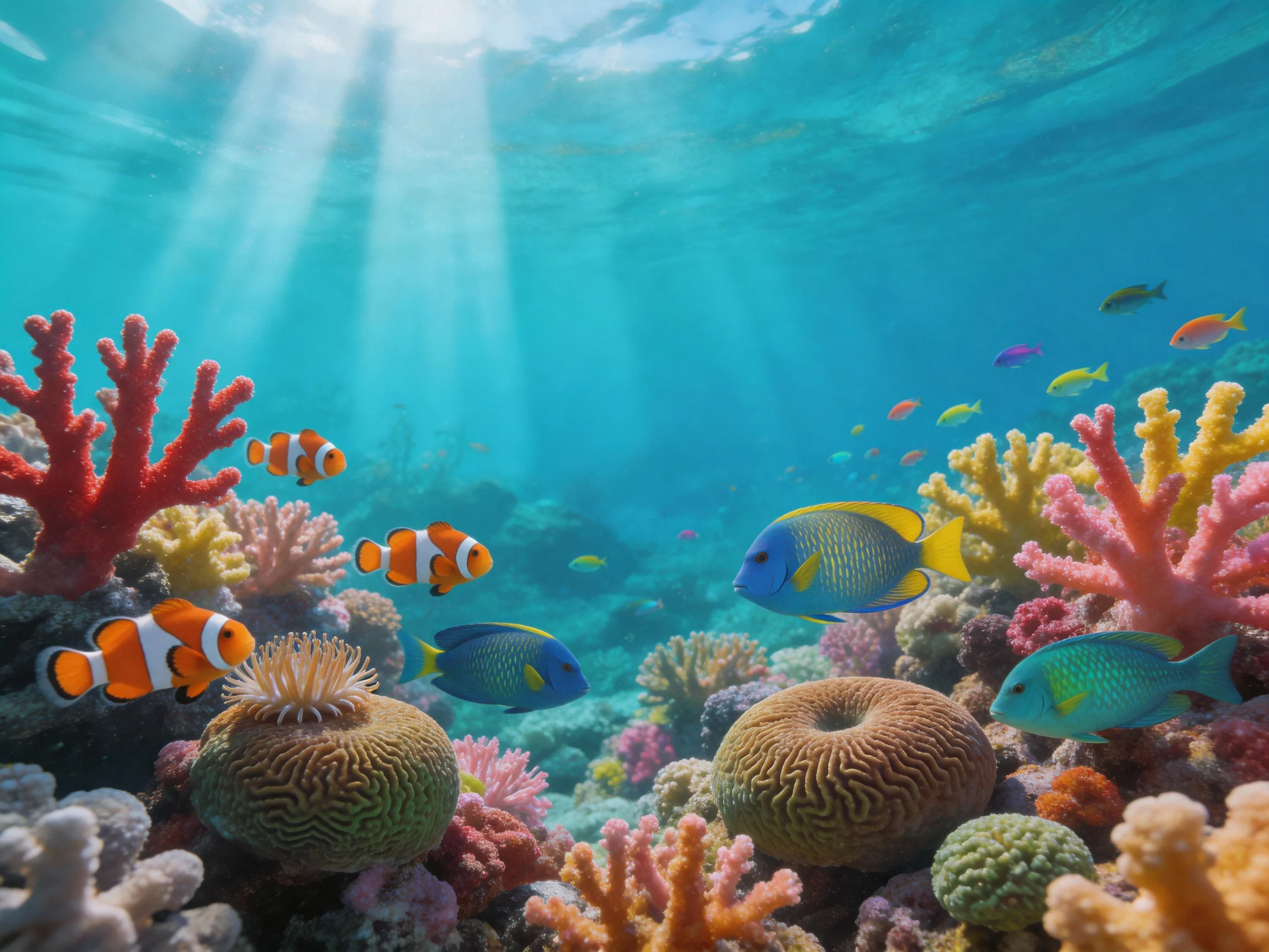 Colorful coral reef with clownfish and tropical fish