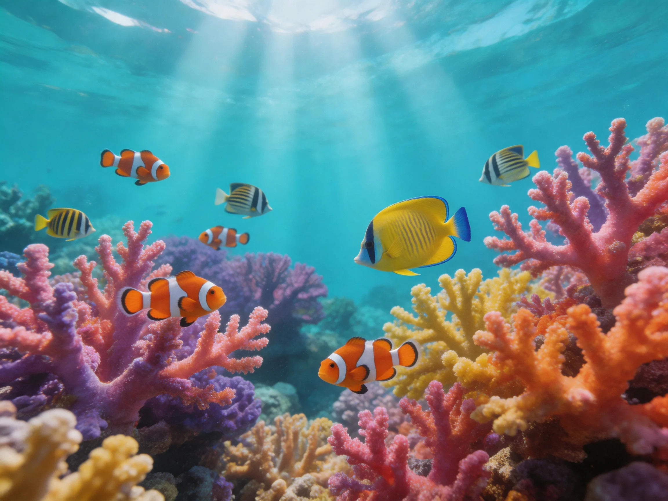 Colorful coral reef with clownfish and tropical fish