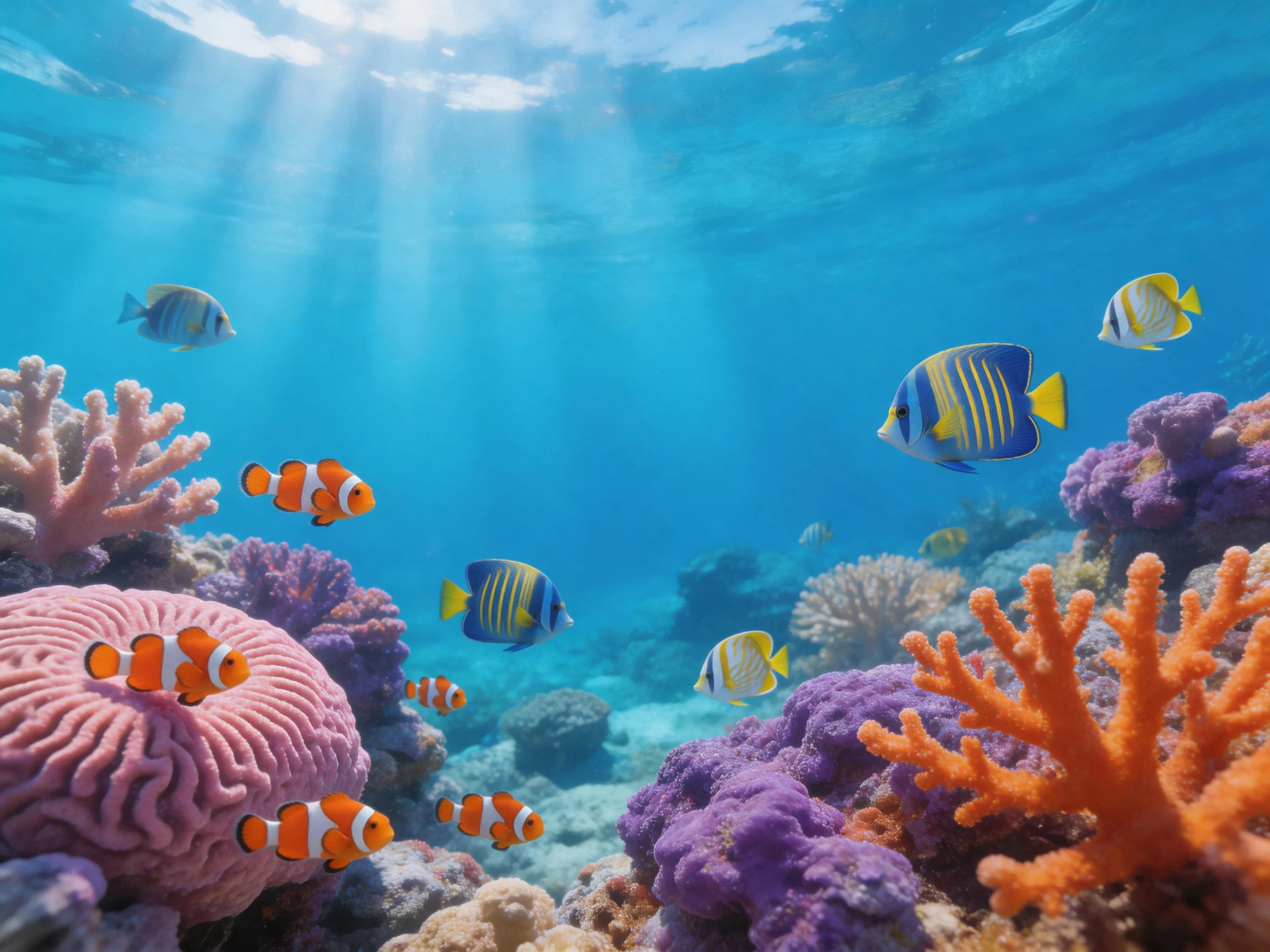 Colorful coral reef with clownfish and tropical fish swimming