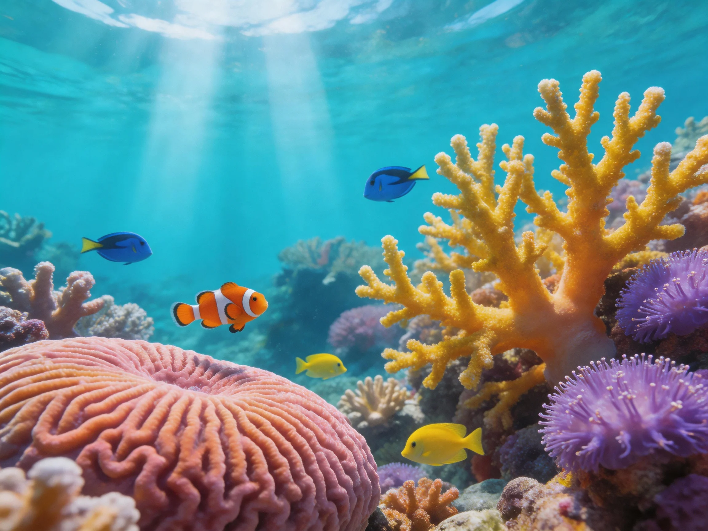 Colorful coral reef with clownfish, blue tangs, and diverse corals