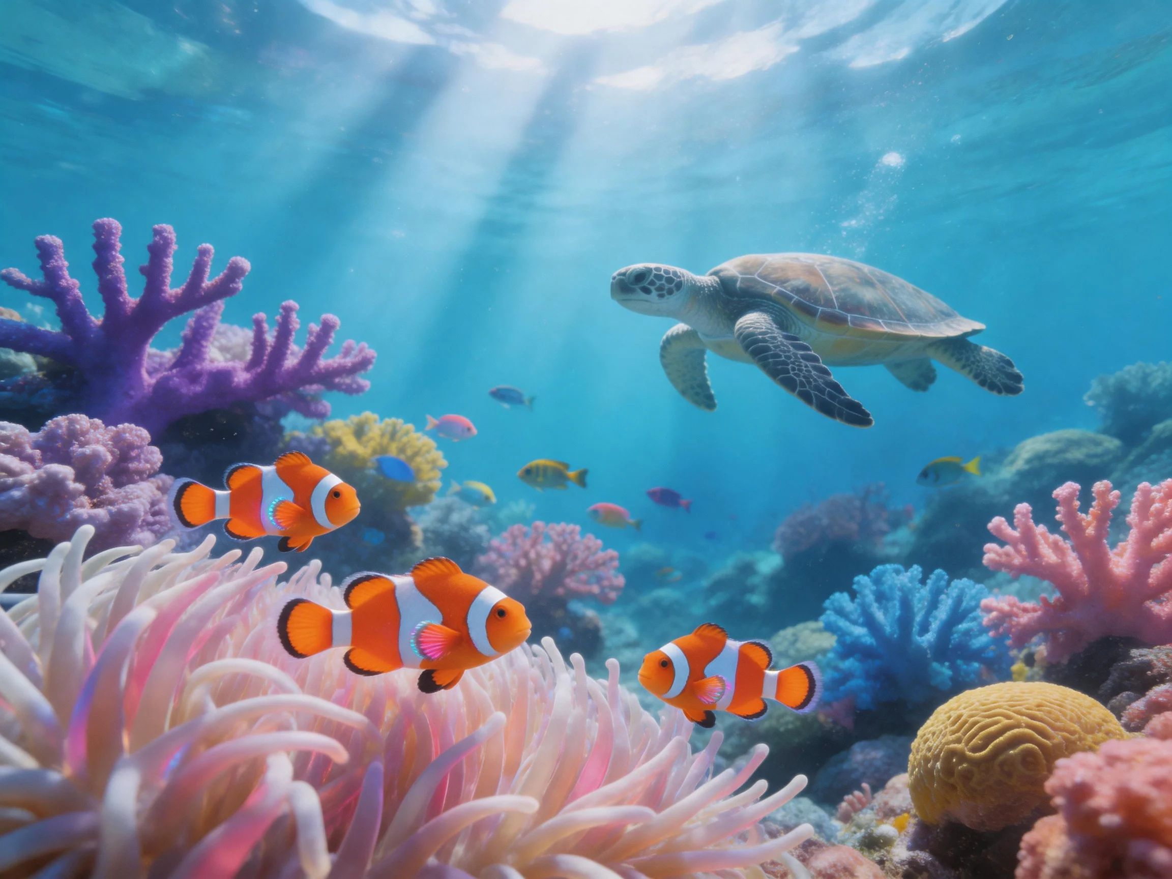 Colorful coral reef with clownfish, sea turtle, and vibrant marine life