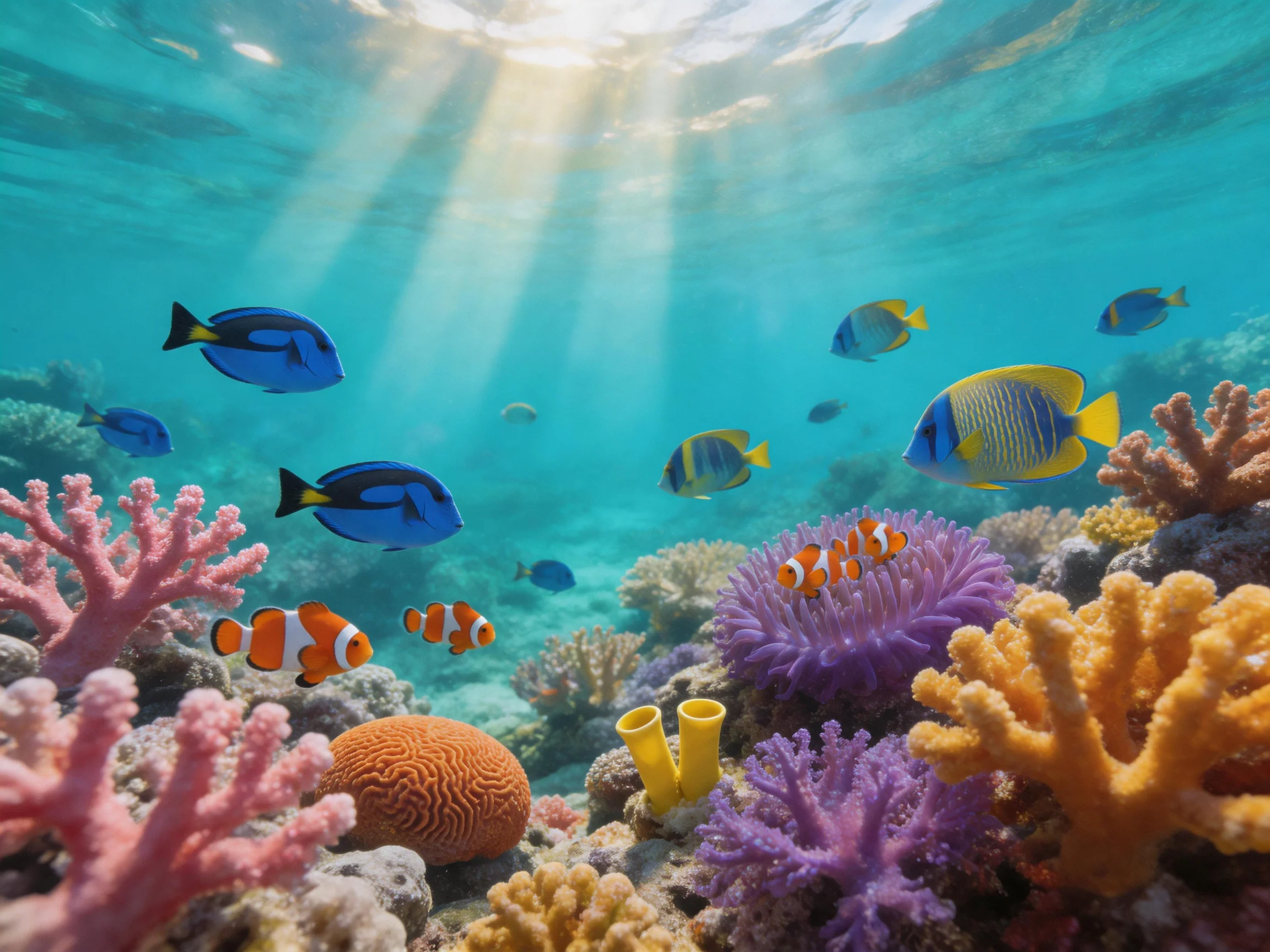 Colorful coral reef with diverse fish and marine life
