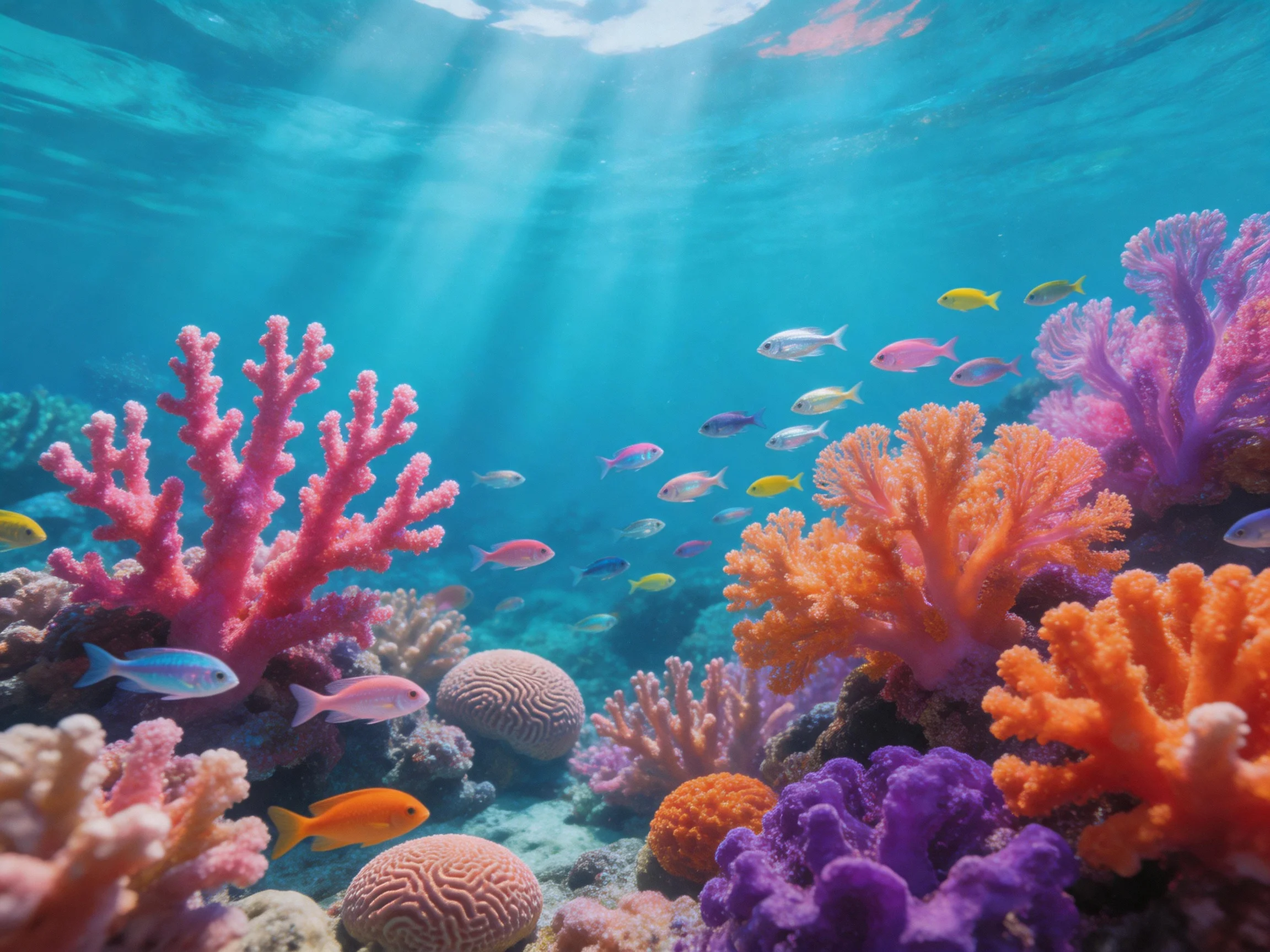 Colorful coral reef with diverse fish and vibrant formations