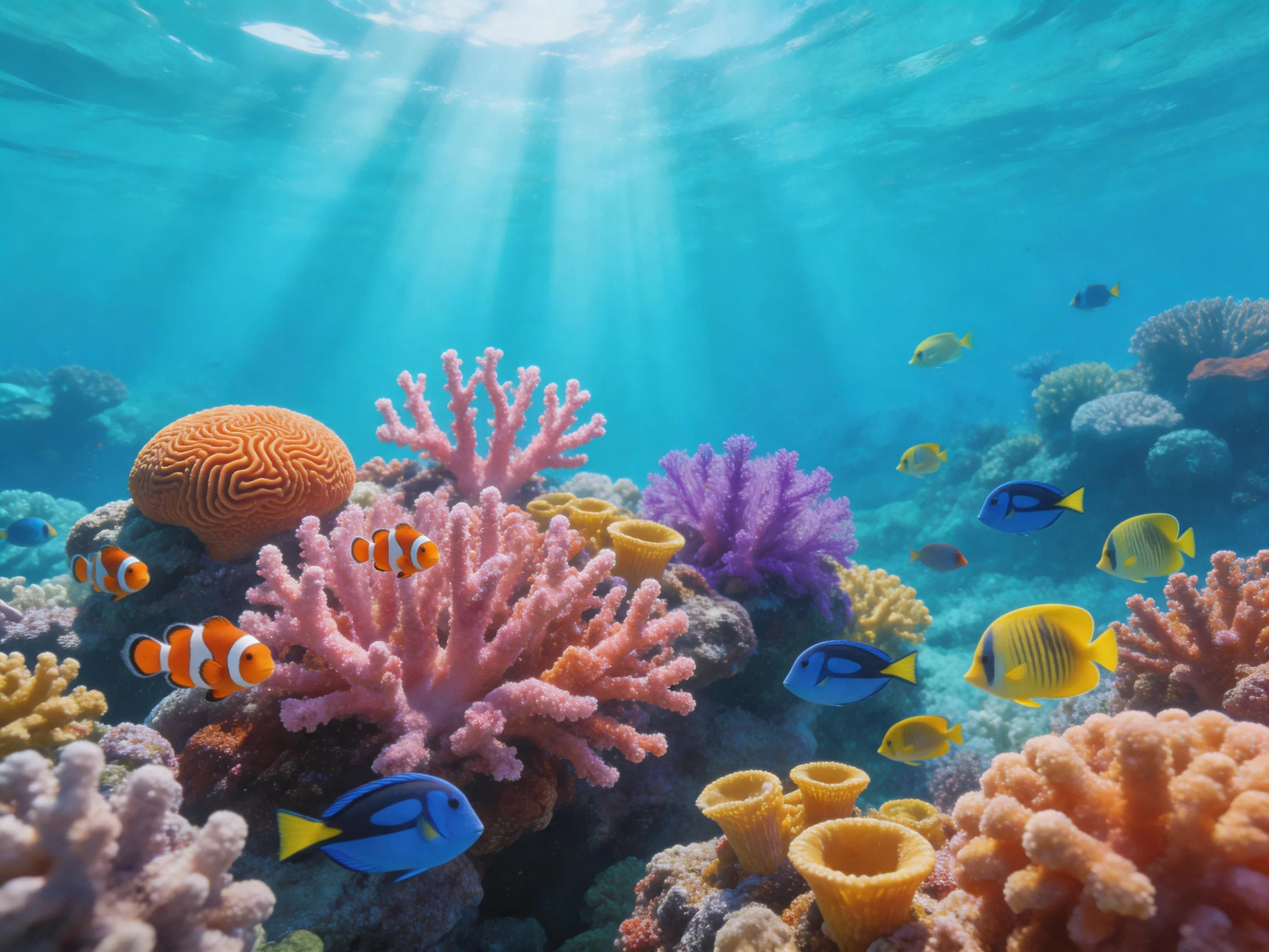 Colorful coral reef with diverse marine life and tropical fish