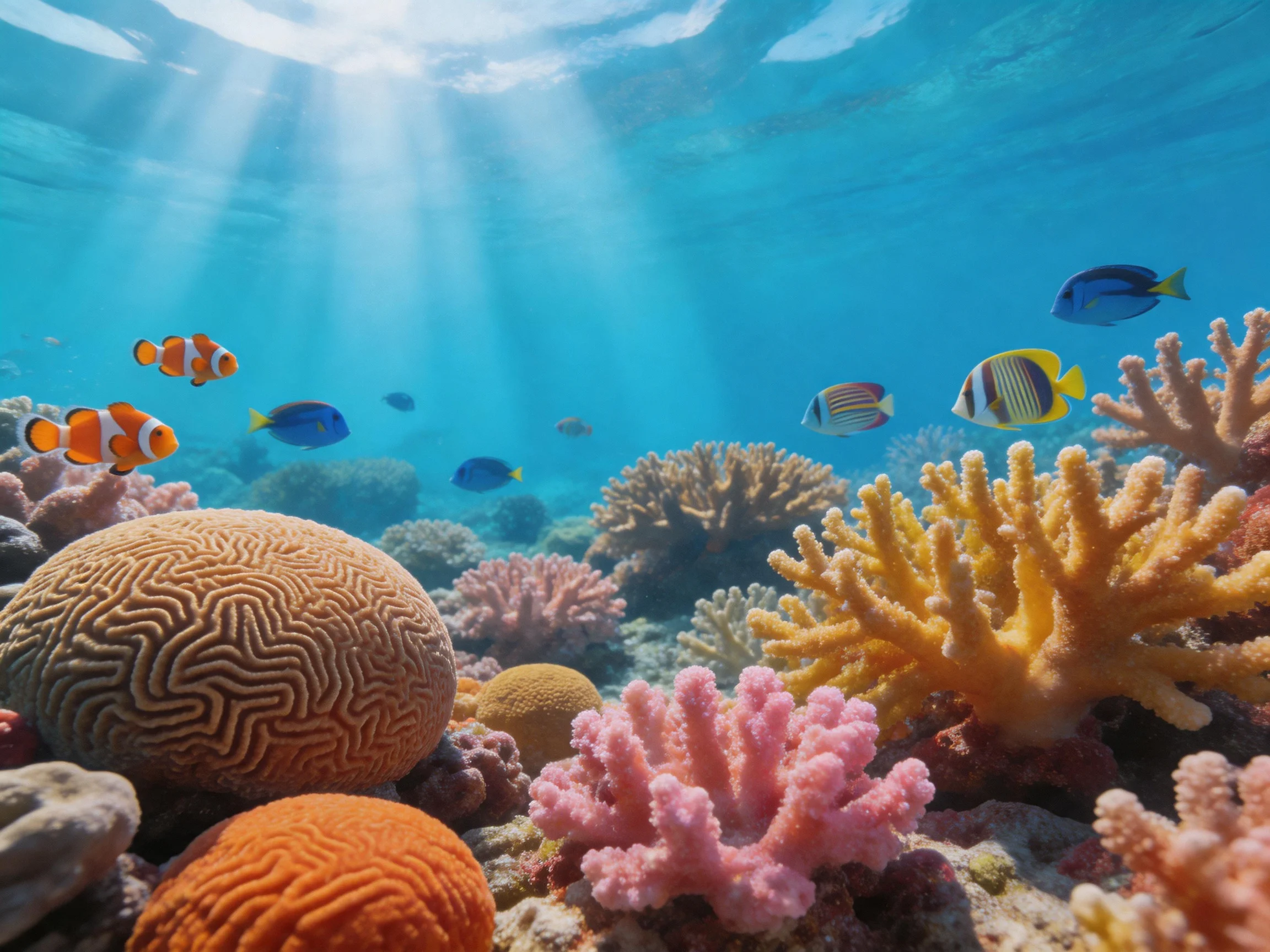 Colorful coral reef with diverse marine life and tropical fish