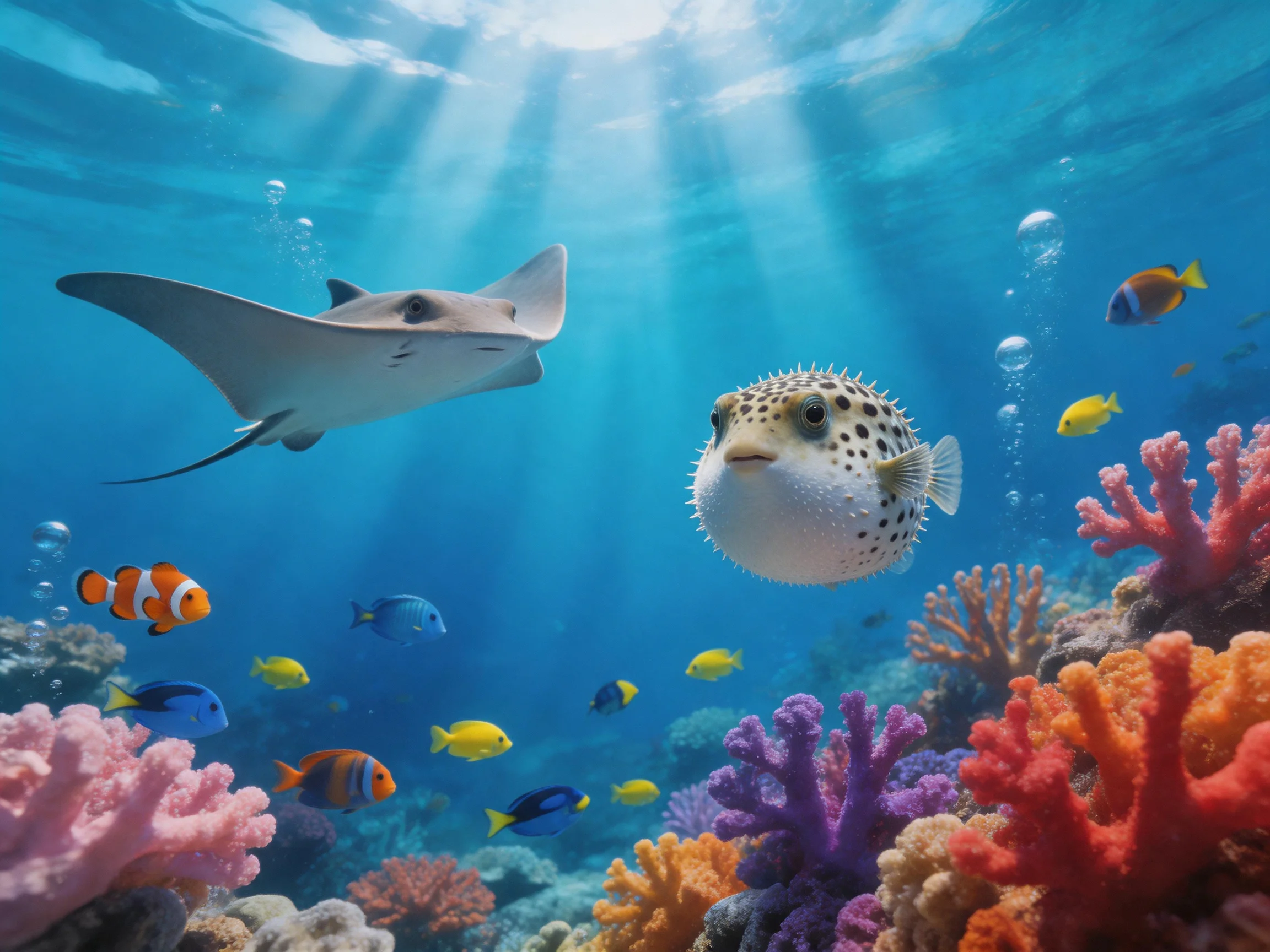 Colorful coral reef with diverse marine life including a ray, pufferfish, clownfish