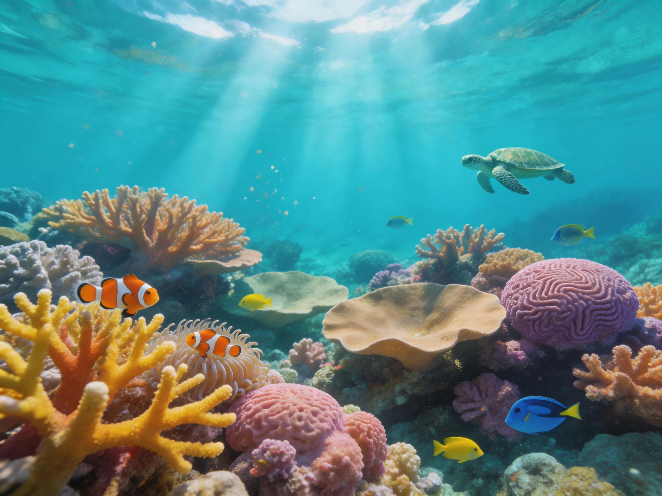 Colorful coral reef with diverse marine life including fish and a sea turtle