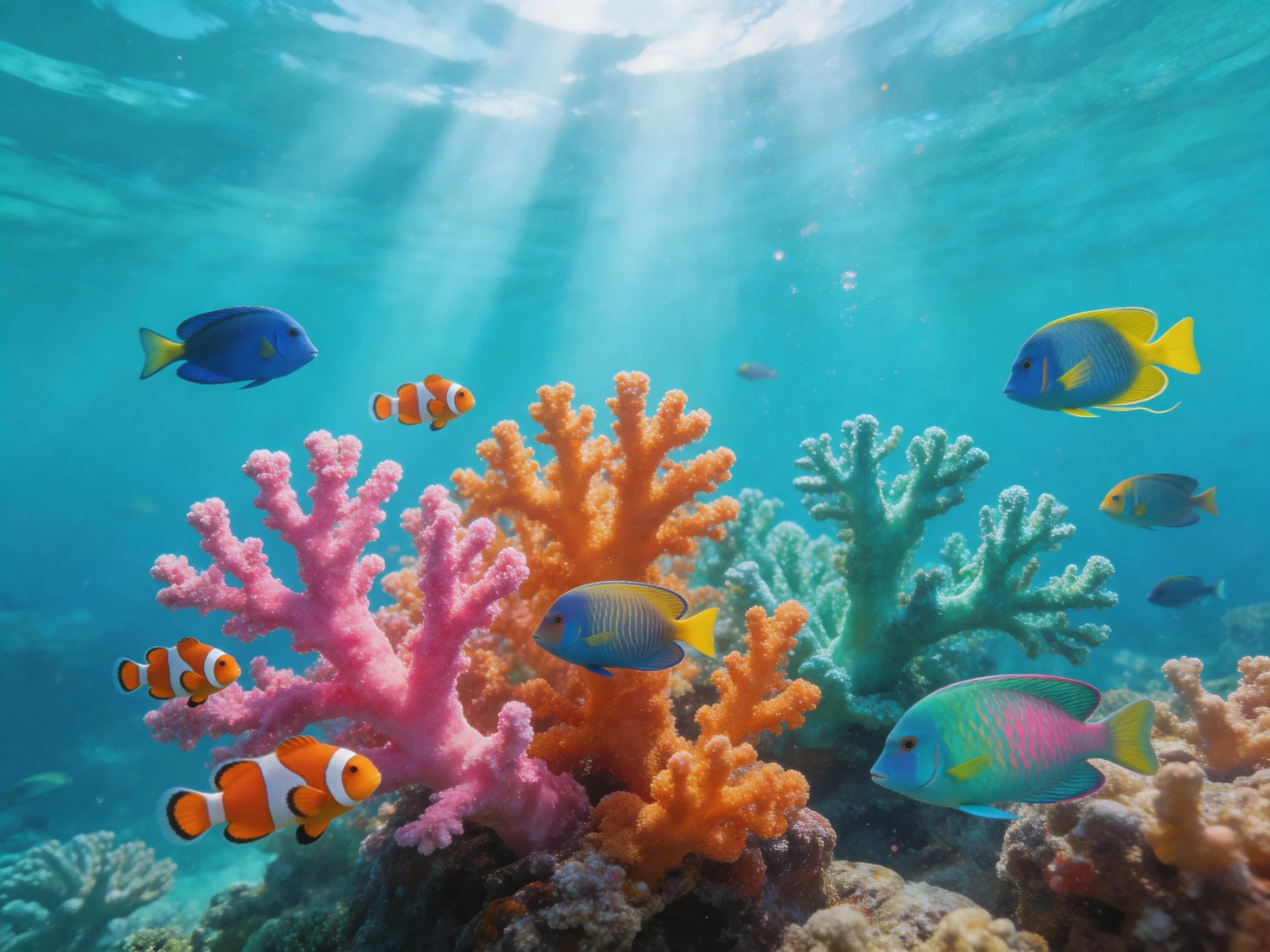 Colorful coral reef with diverse tropical fish swimming