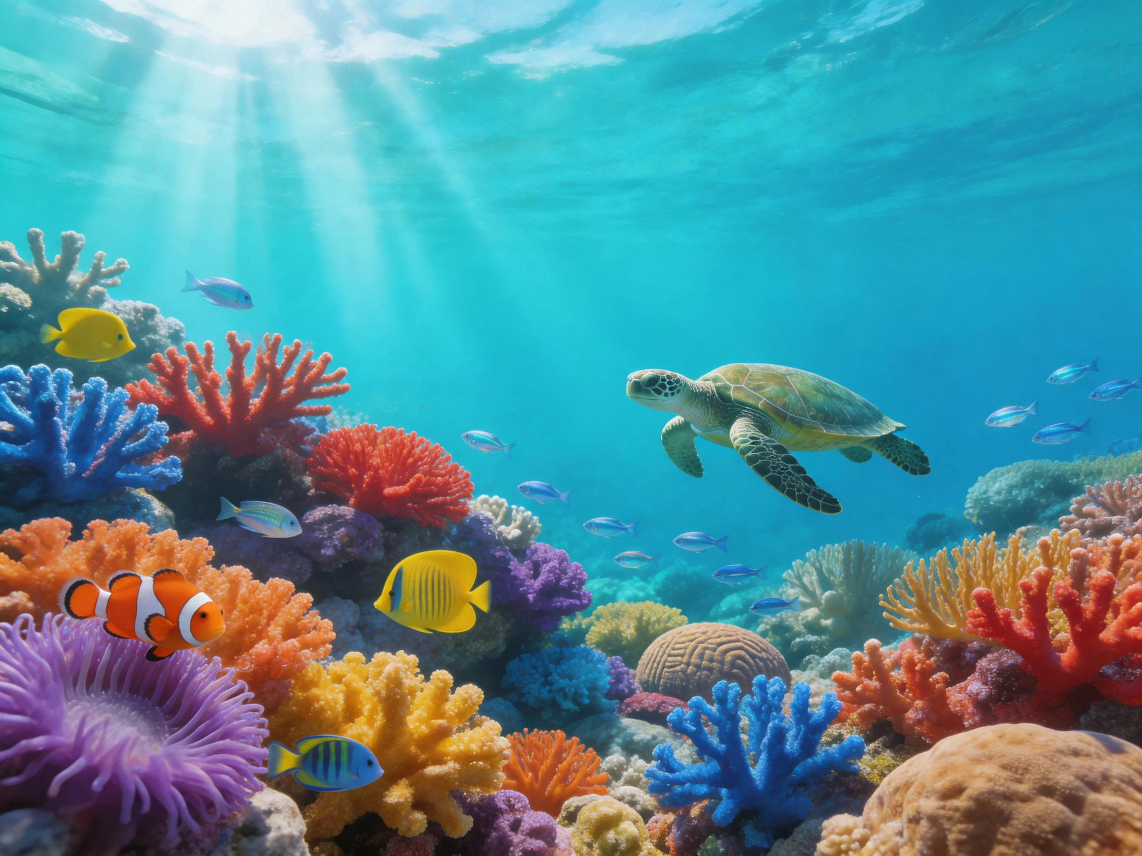 Colorful coral reef with marine life and a sea turtle