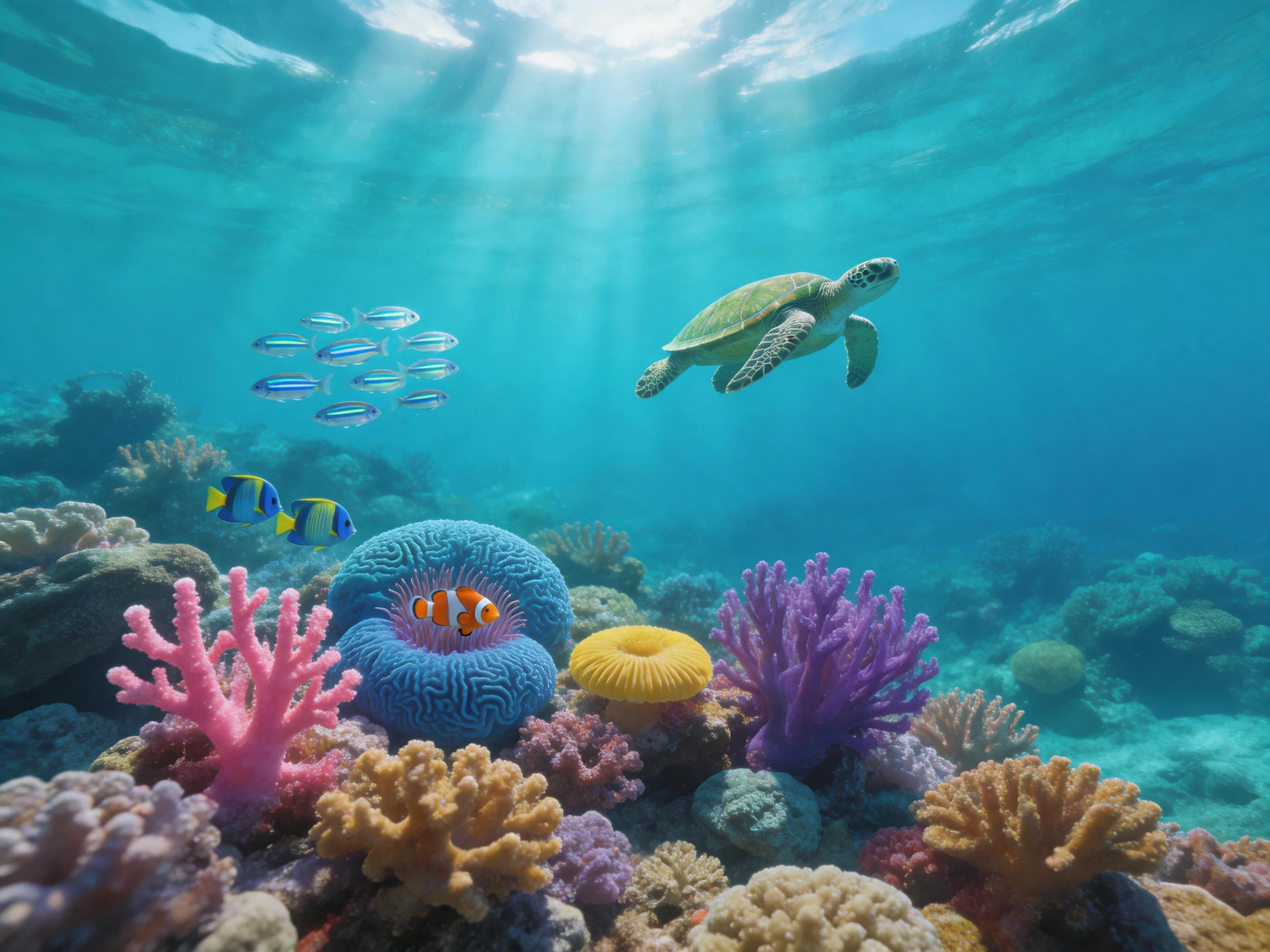 Colorful coral reef with sea turtle, clownfish, and tropical fish