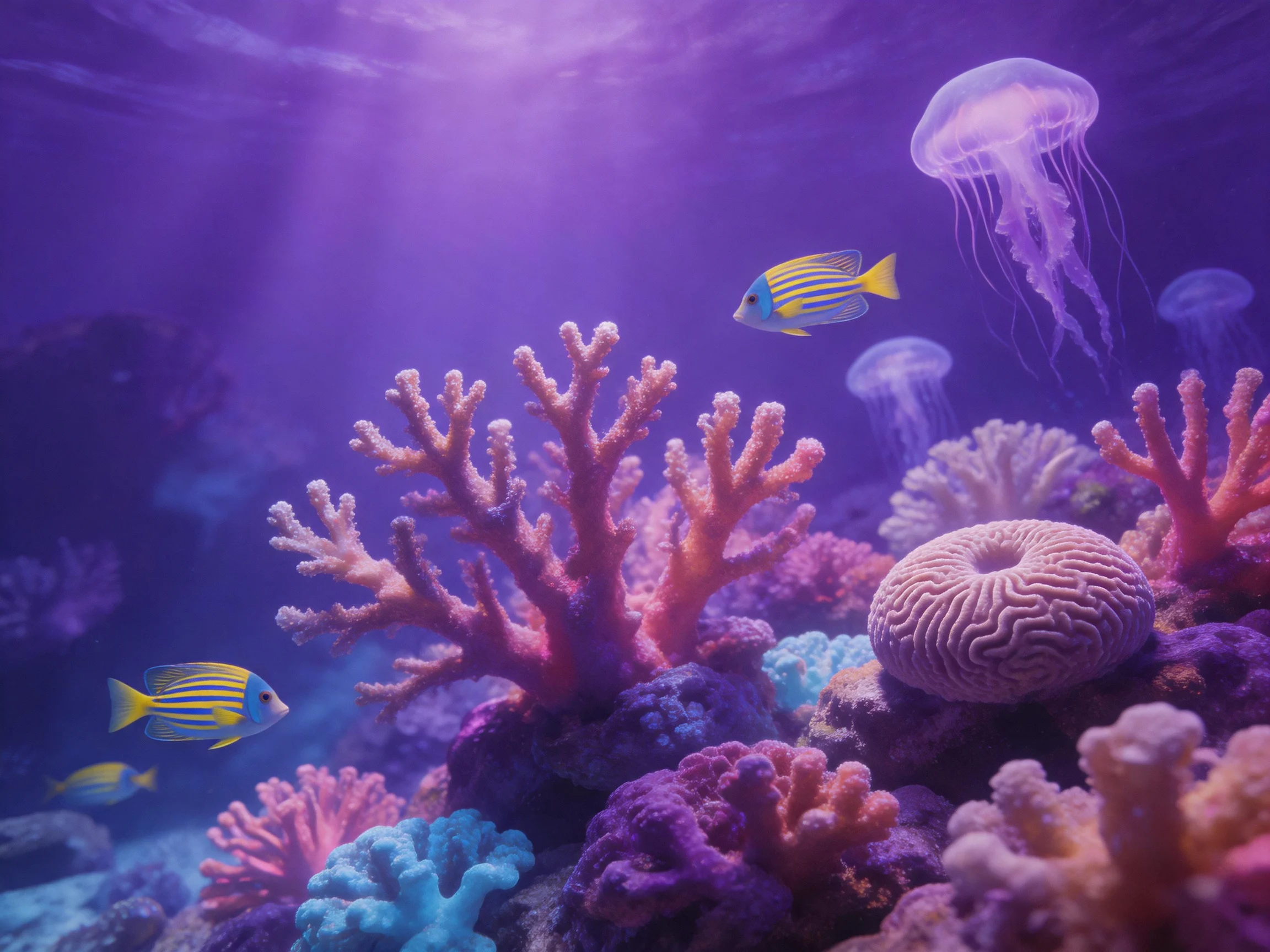 Colorful coral reef with striped fish and glowing jellyfish