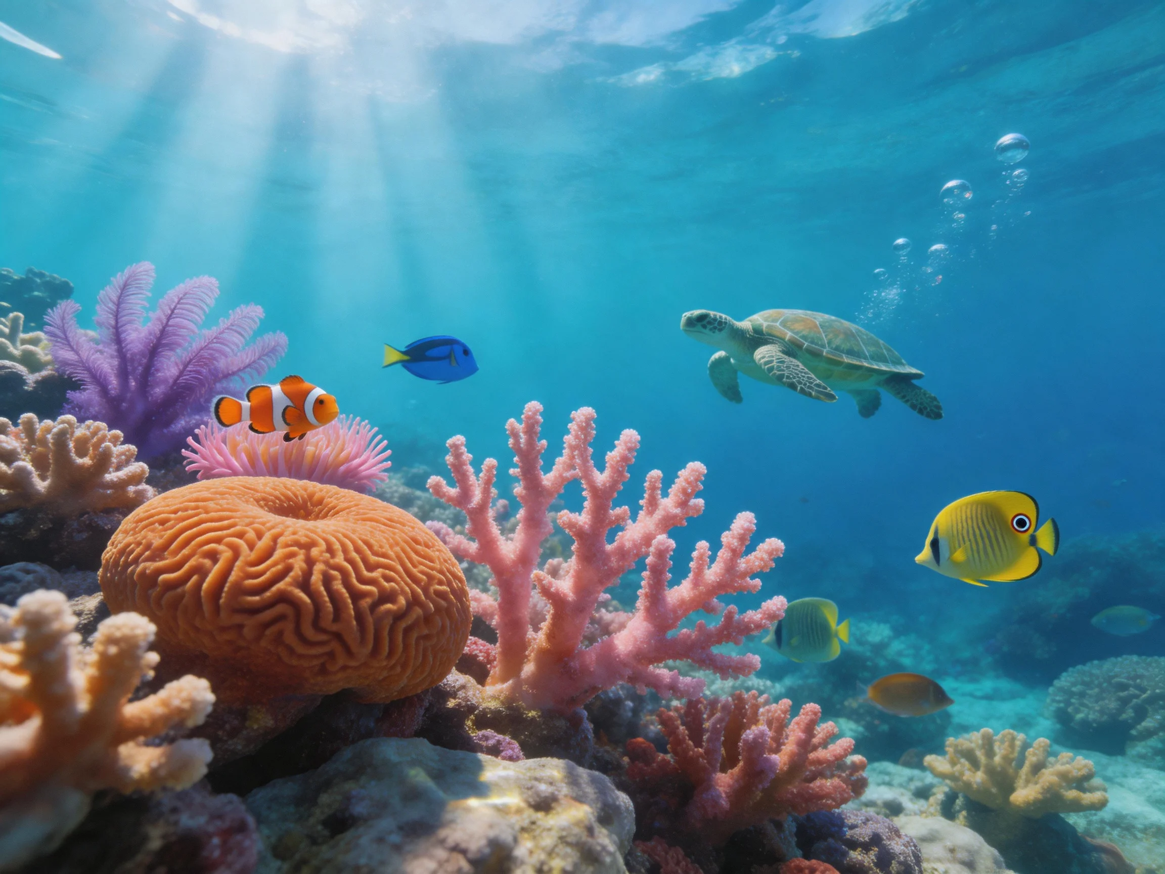 Colorful coral reef with tropical fish and sea turtle