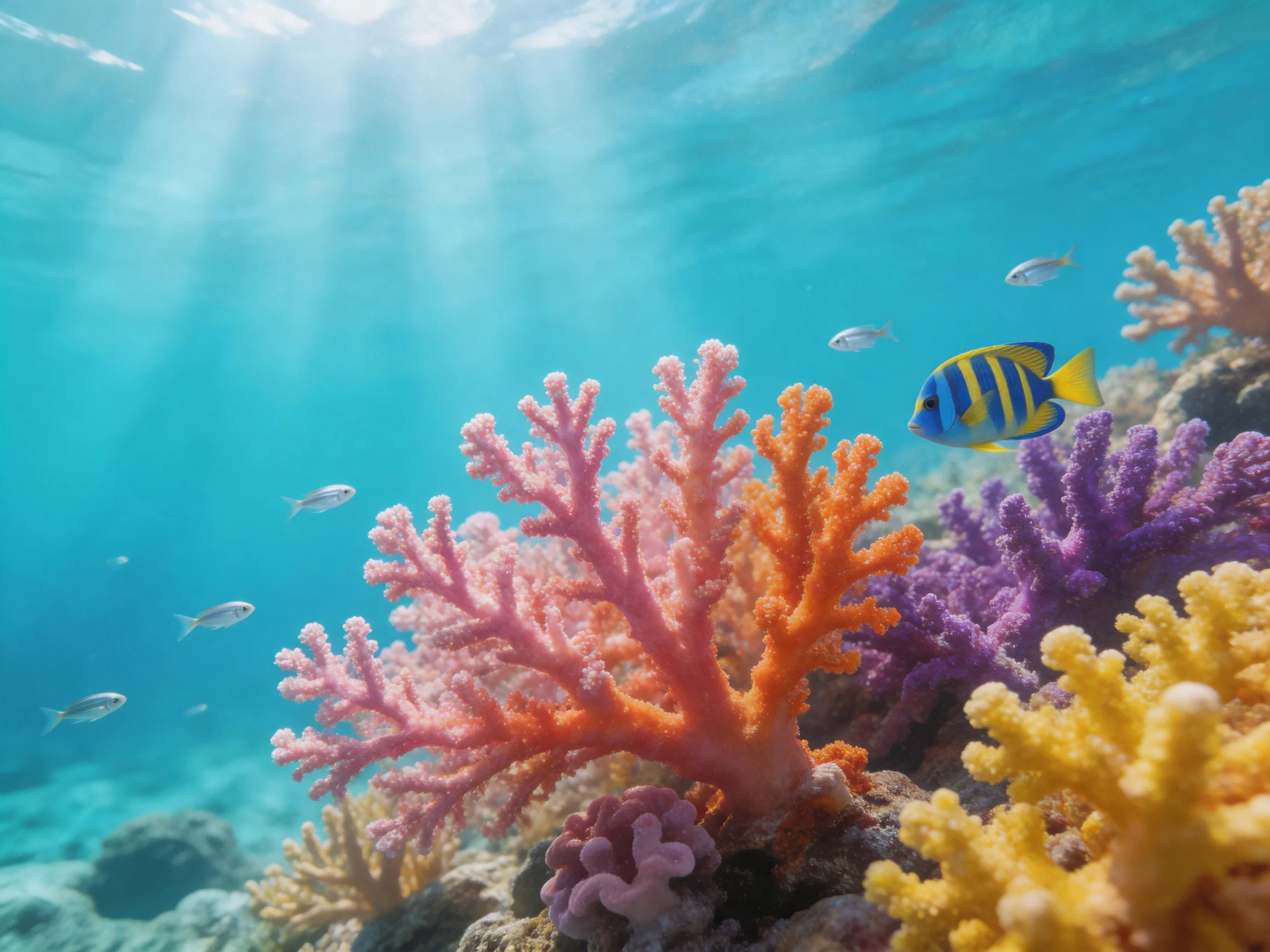 Colorful coral reef with vibrant pink, orange, purple corals