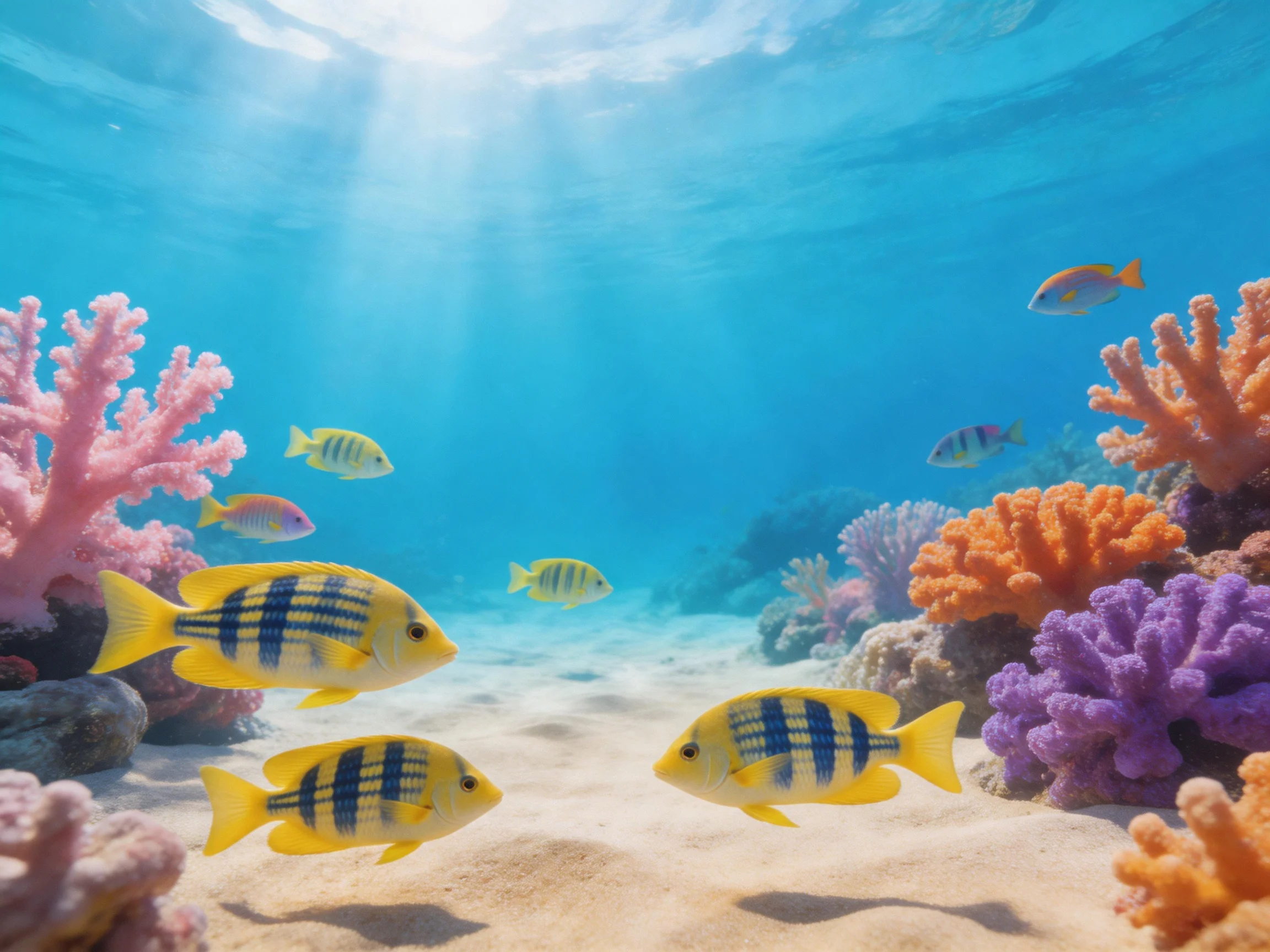 Colorful coral reef with yellow-striped fish and pink, orange, purple corals