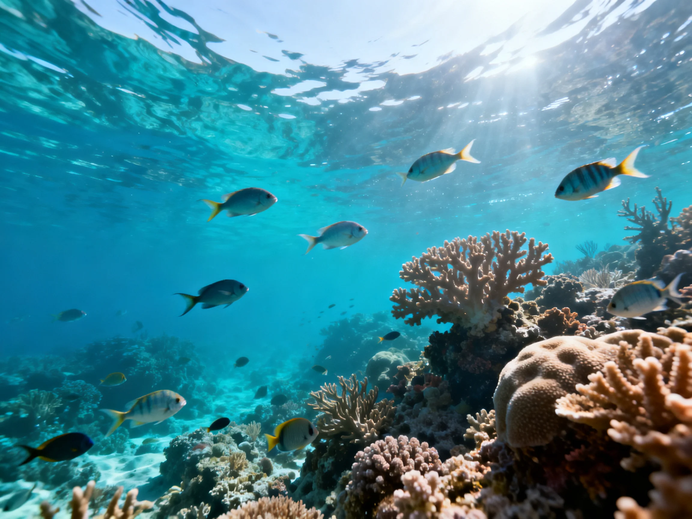 Colorful fish swim among diverse coral reefs in clear turquoise water