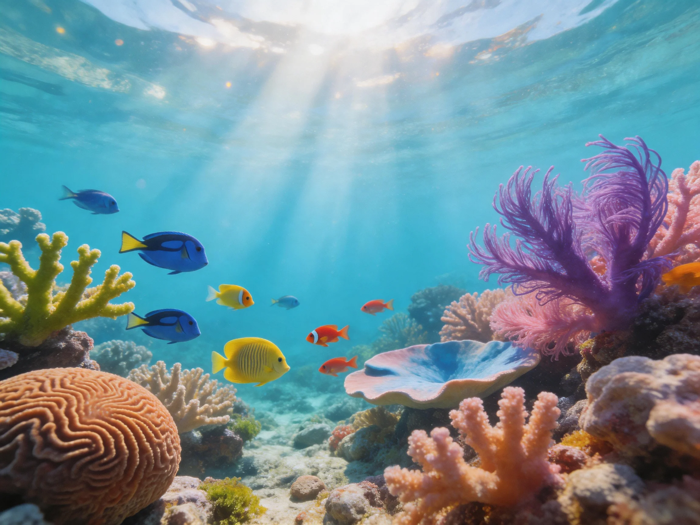 Colorful fish swim among diverse corals in a sunlit underwater reef