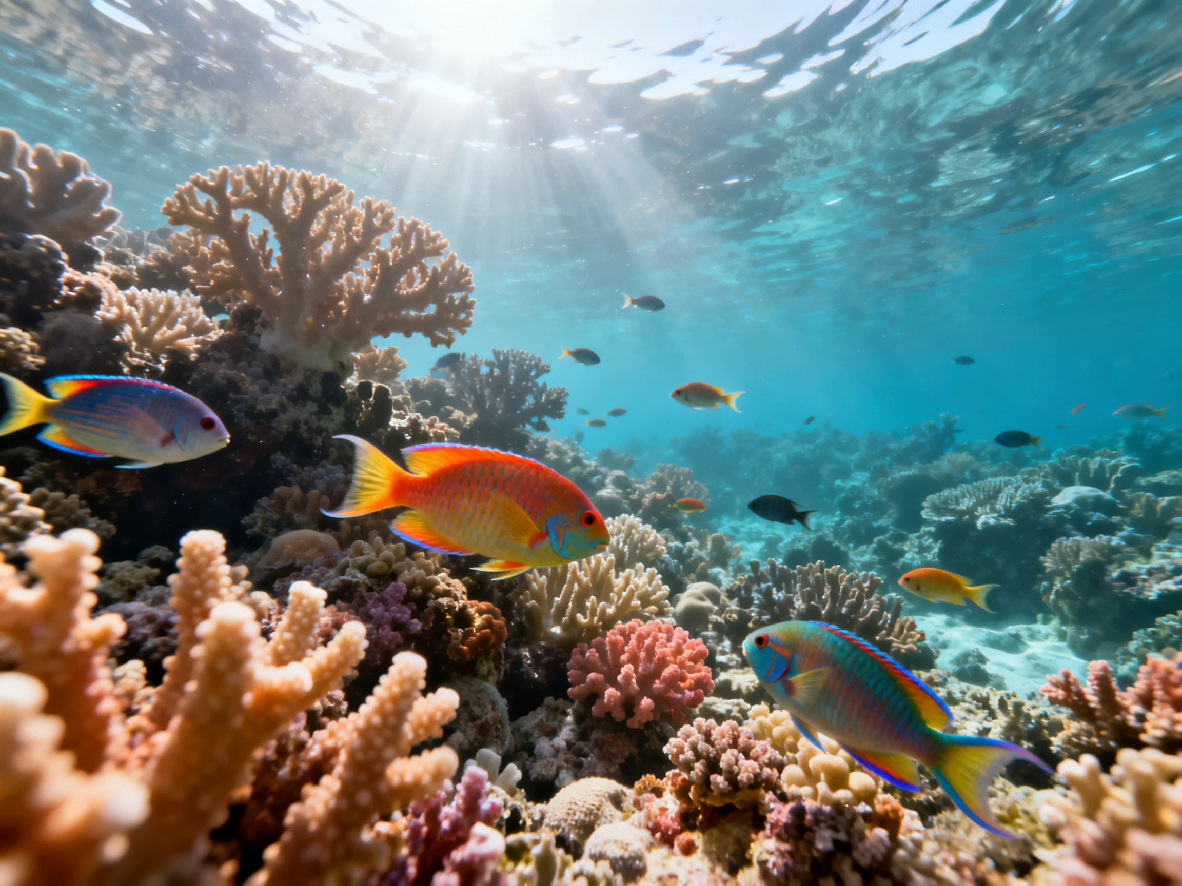 Colorful fish swim among diverse corals in a sunlit underwater reef