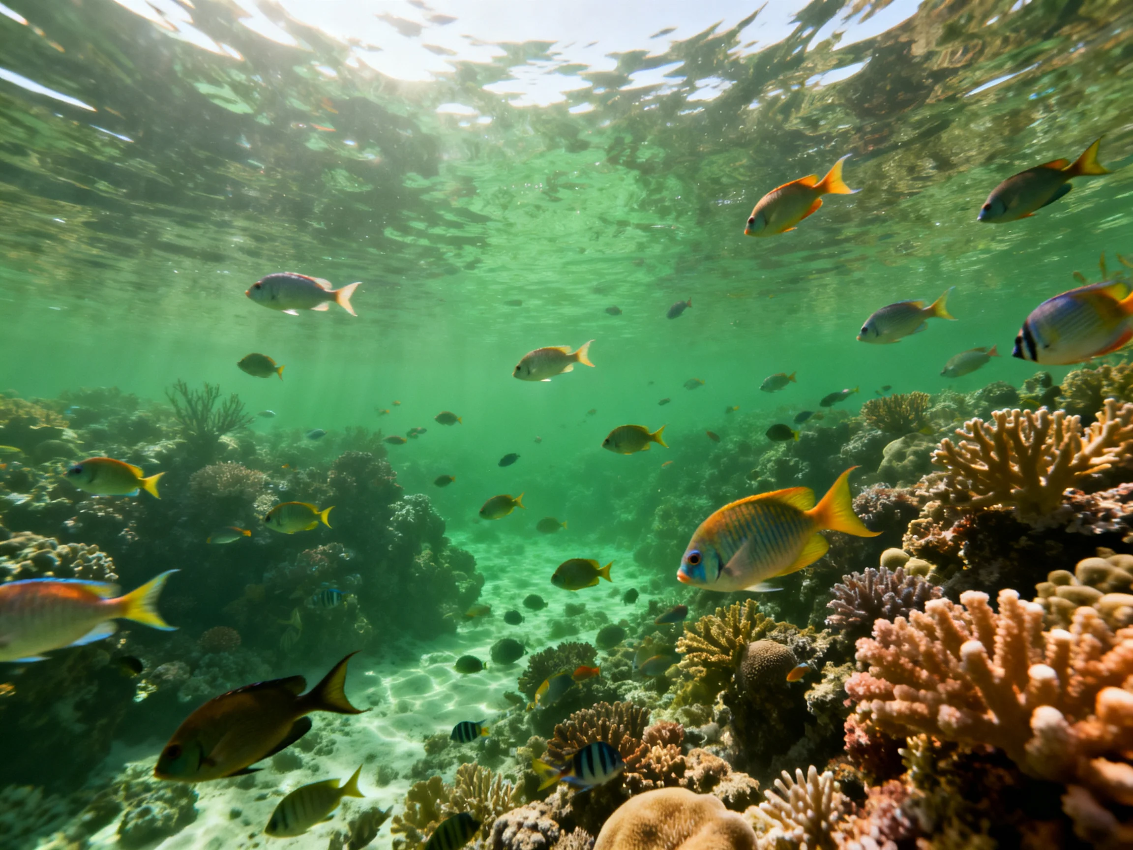 Colorful fish swim among diverse corals in clear turquoise water
