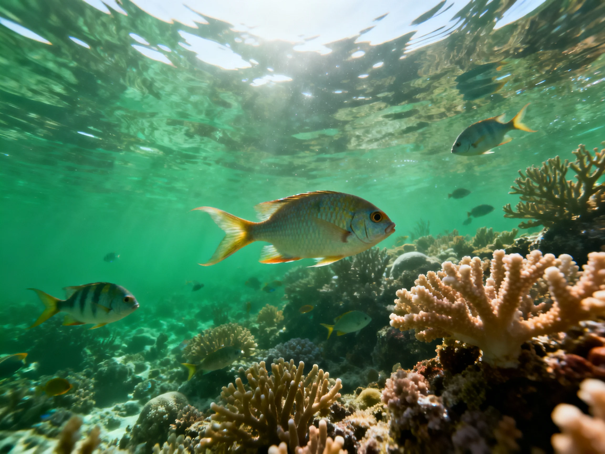 Colorful fish swim among diverse corals in clear turquoise waters