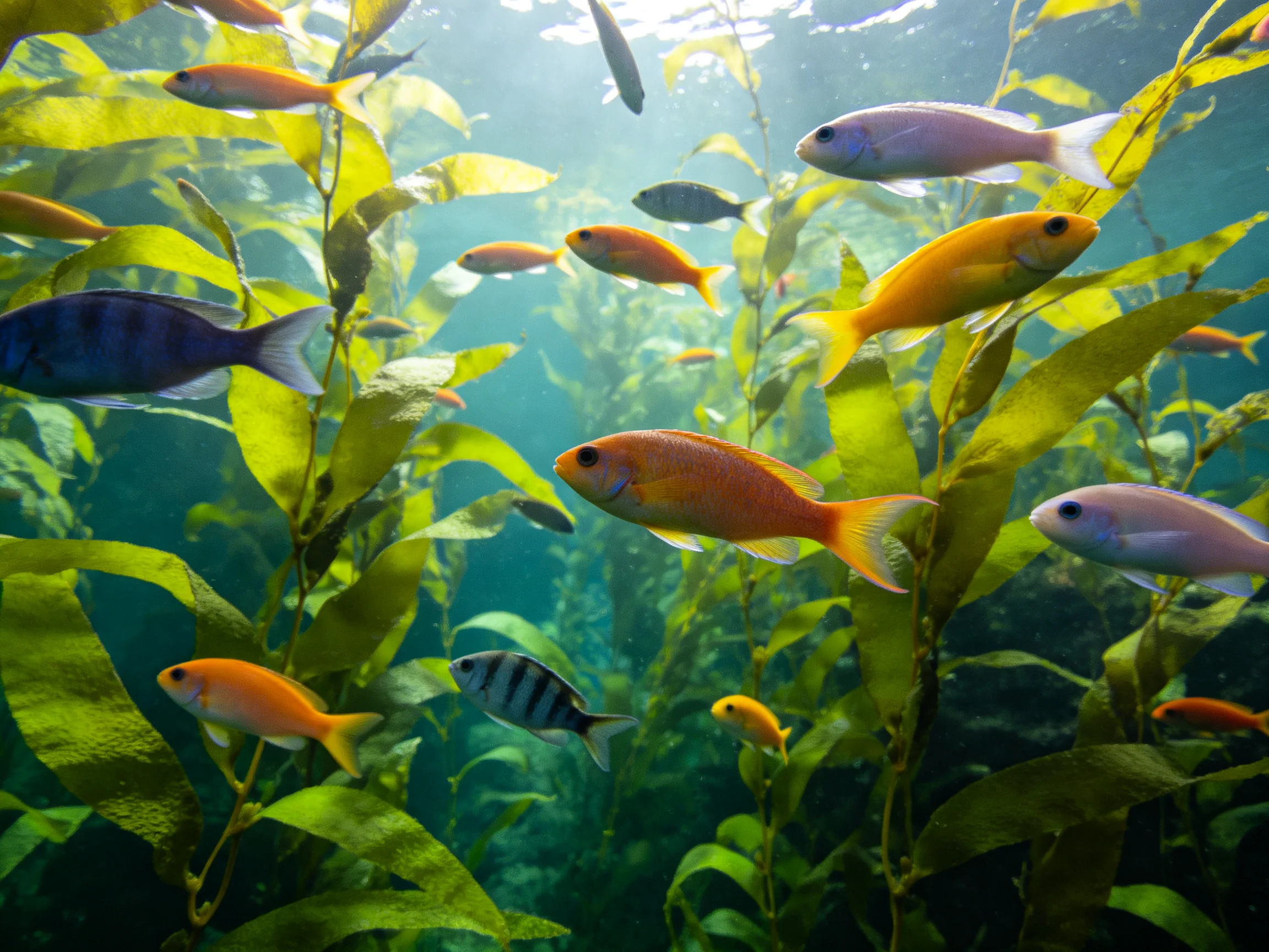 Colorful fish swim among lush green seaweed in an underwater scene