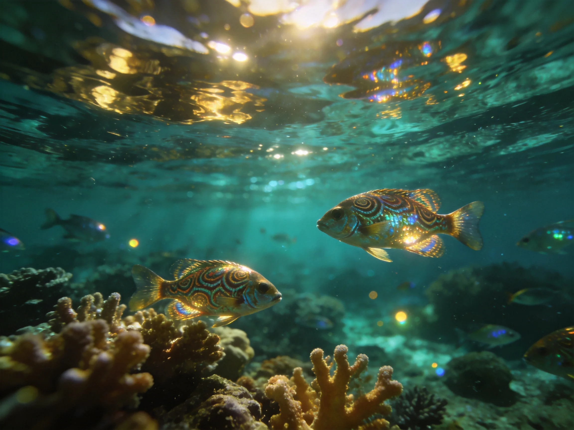 Colorful fish swim among vibrant corals in sun-dappled ocean waters