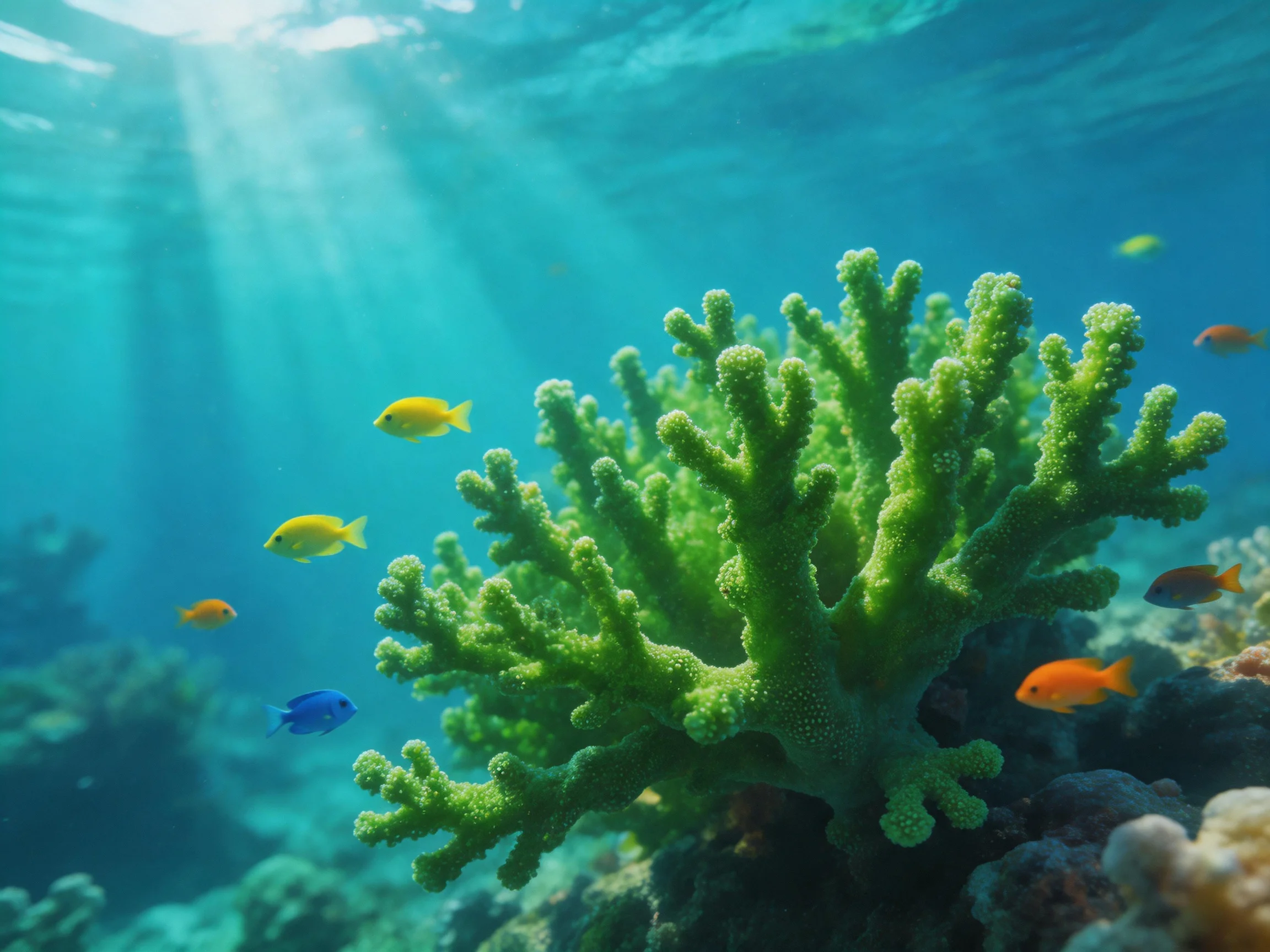 Colorful fish swim among vibrant green coral in clear blue waters