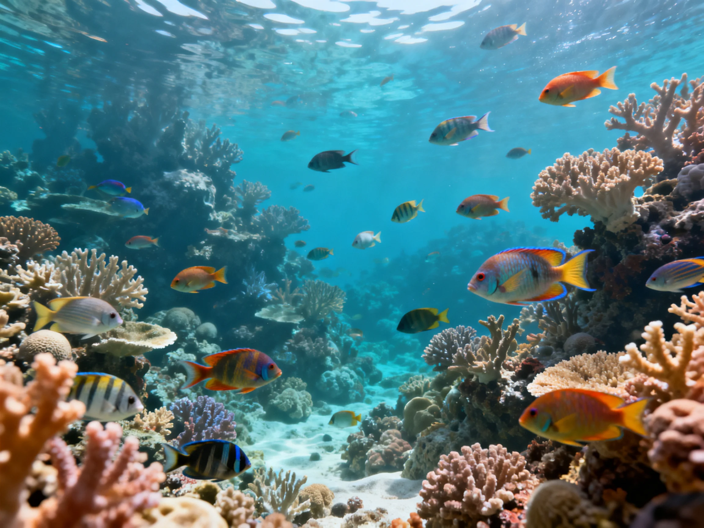 Colorful fish swimming among diverse coral reefs under clear water