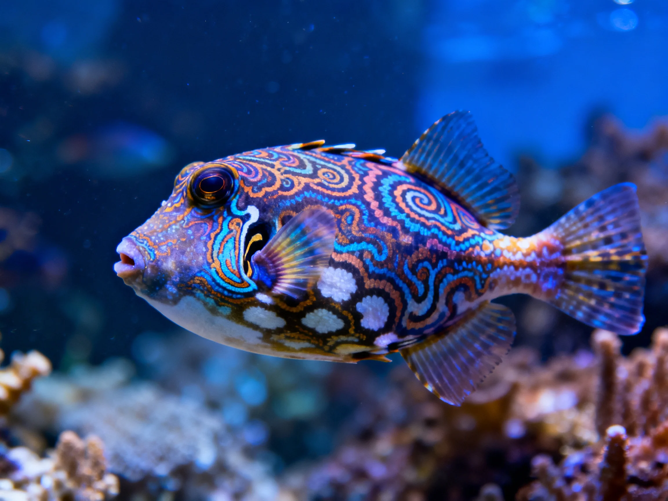 Colorful, intricately patterned fish swimming near coral reefs