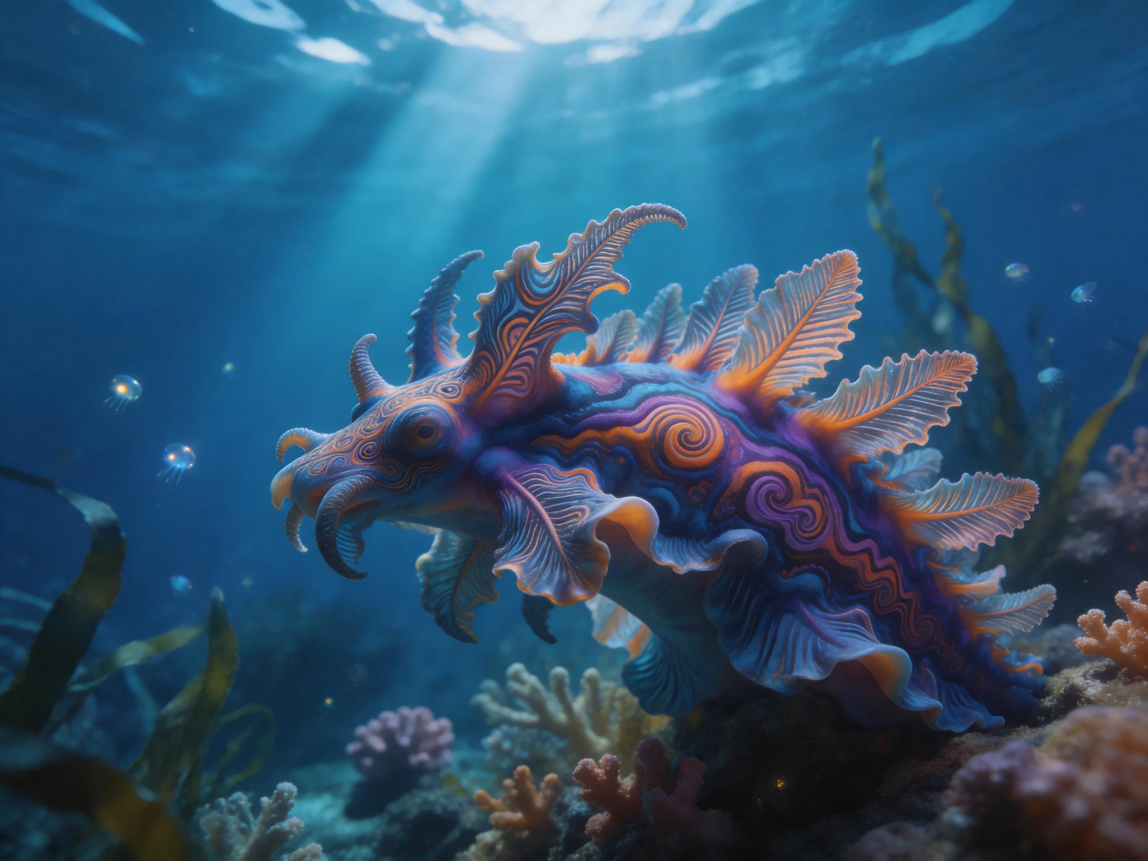 Colorful, intricately patterned marine animal in underwater coral habitat