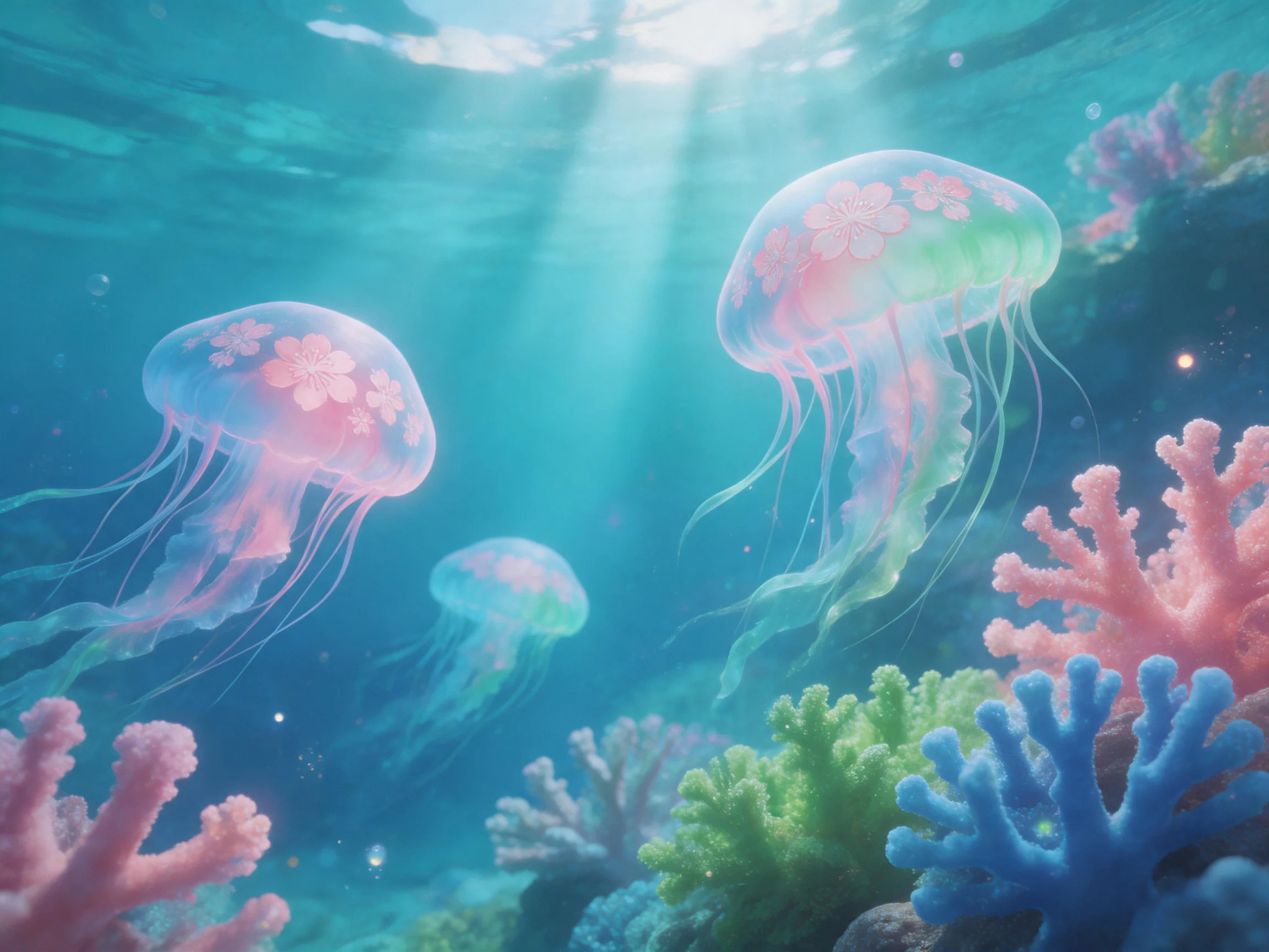 Colorful jellyfish glide among vibrant coral reefs in an underwater seascape