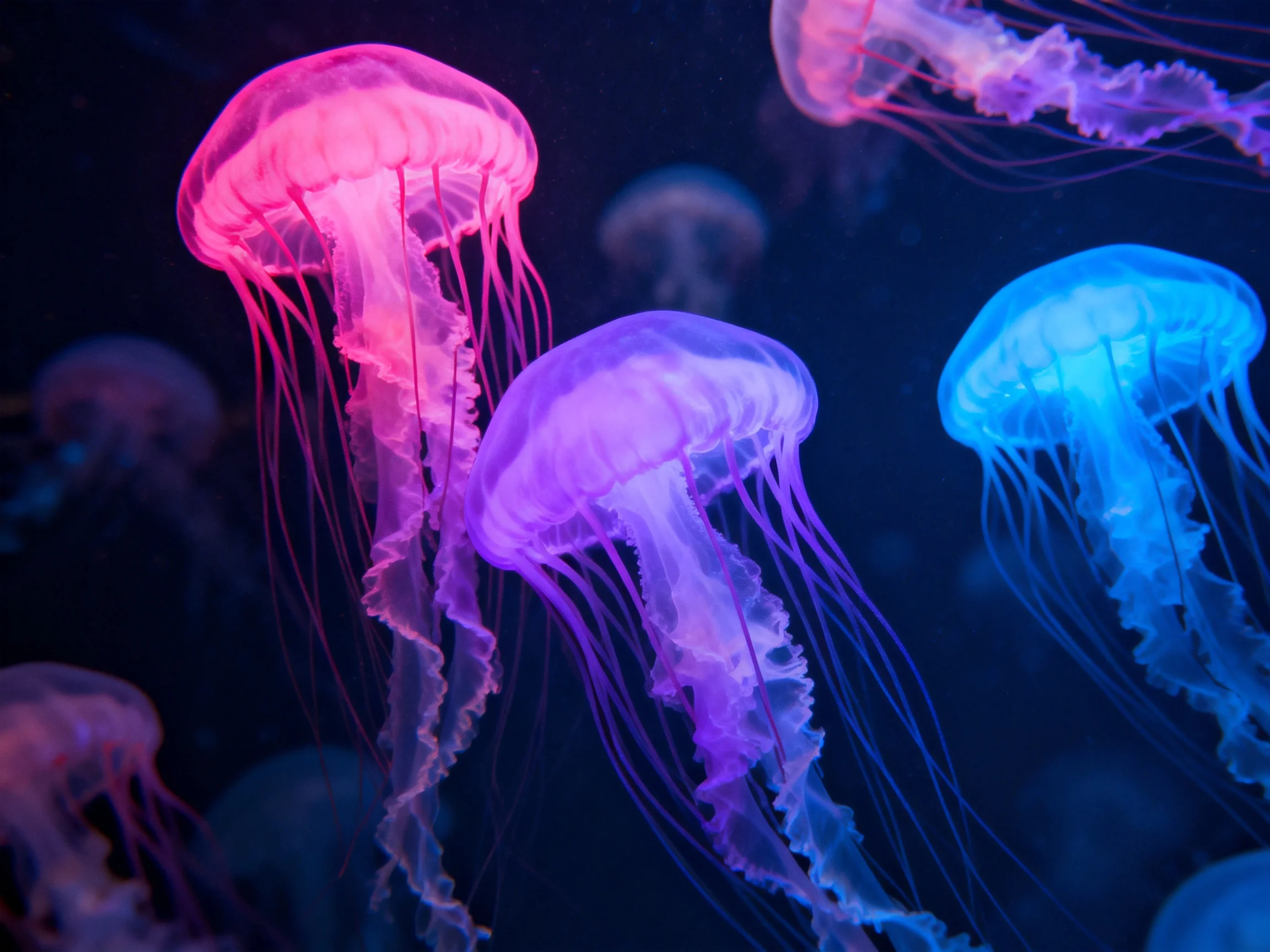 Colorful jellyfish in pink, purple, blue hues swim in dark water