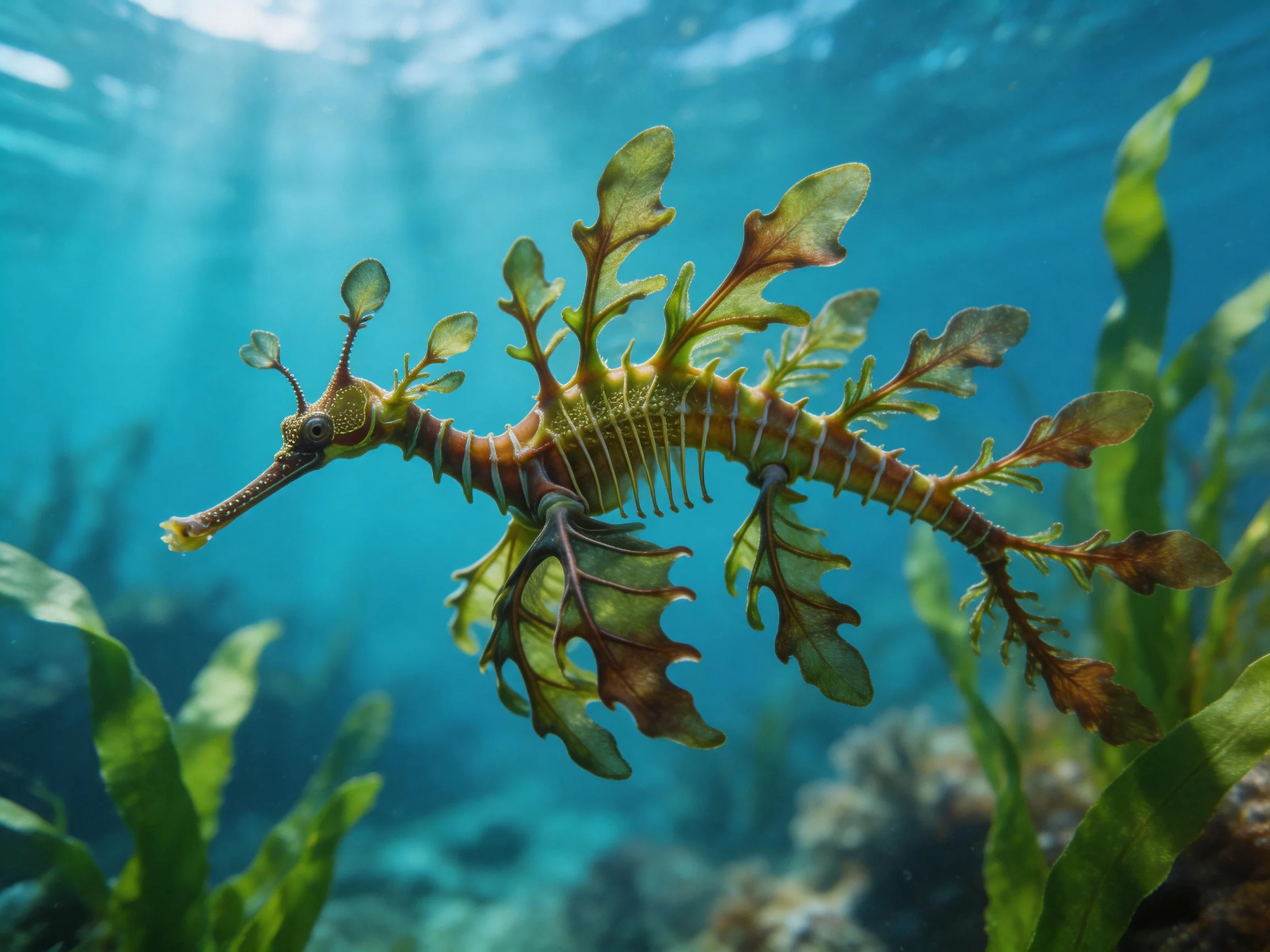 Colorful leafy sea dragon swimming among aquatic plants underwater