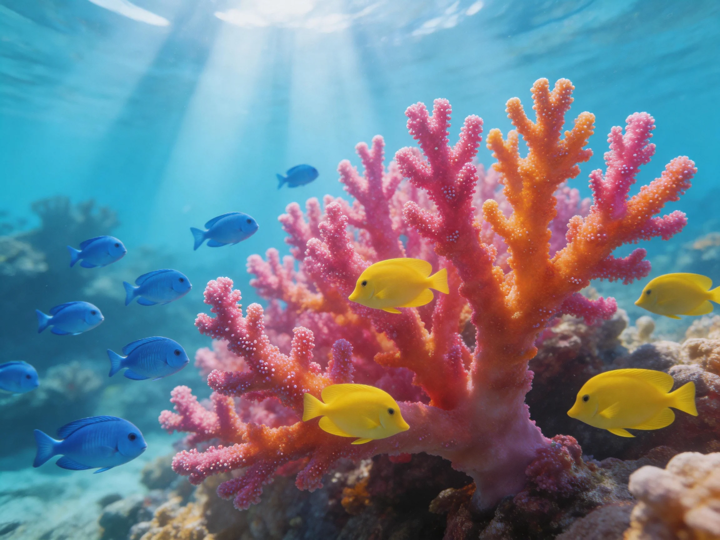 Colorful pink-orange coral with blue and yellow tropical fish