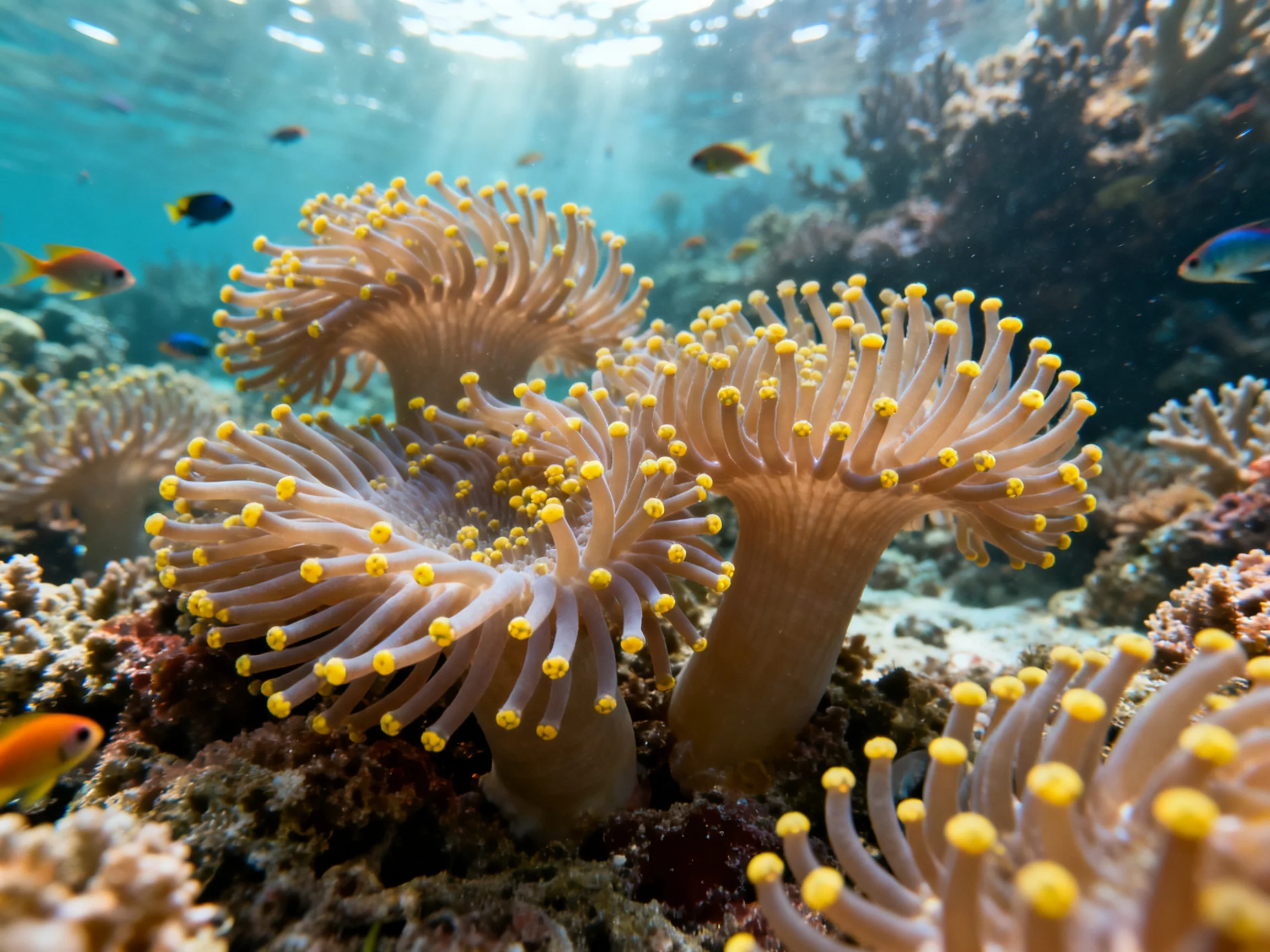 Colorful sea anemones with yellow tips thrive amid corals and small fish