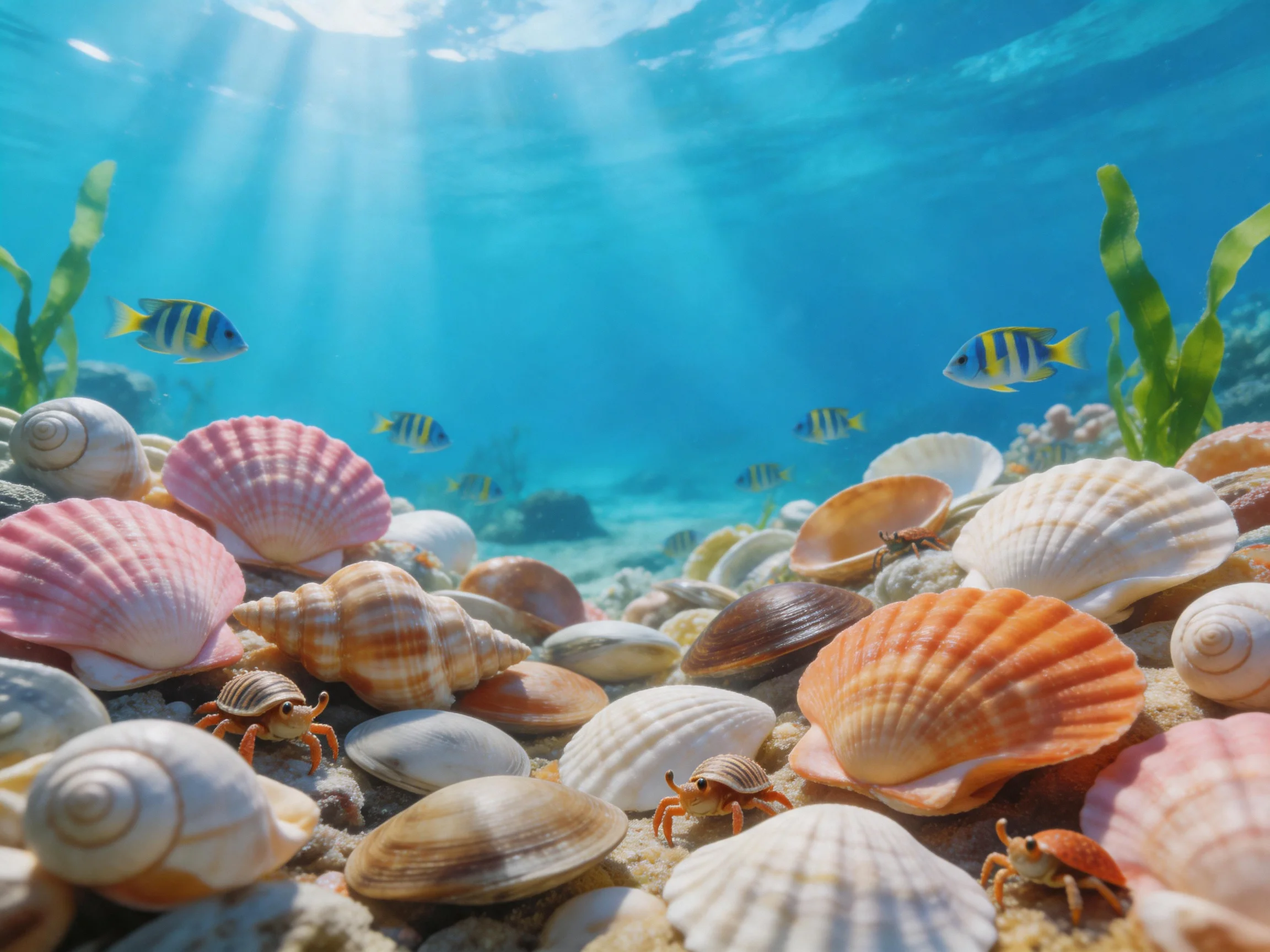 Colorful seashells, crabs, and striped fish in sunlit ocean environment