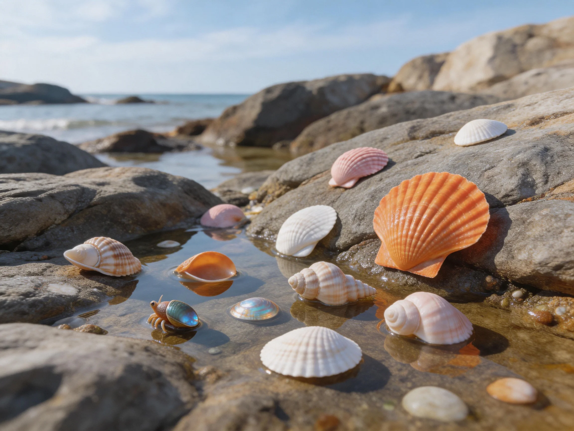 Colorful seashells scattered among rocky tide pools near the ocean
