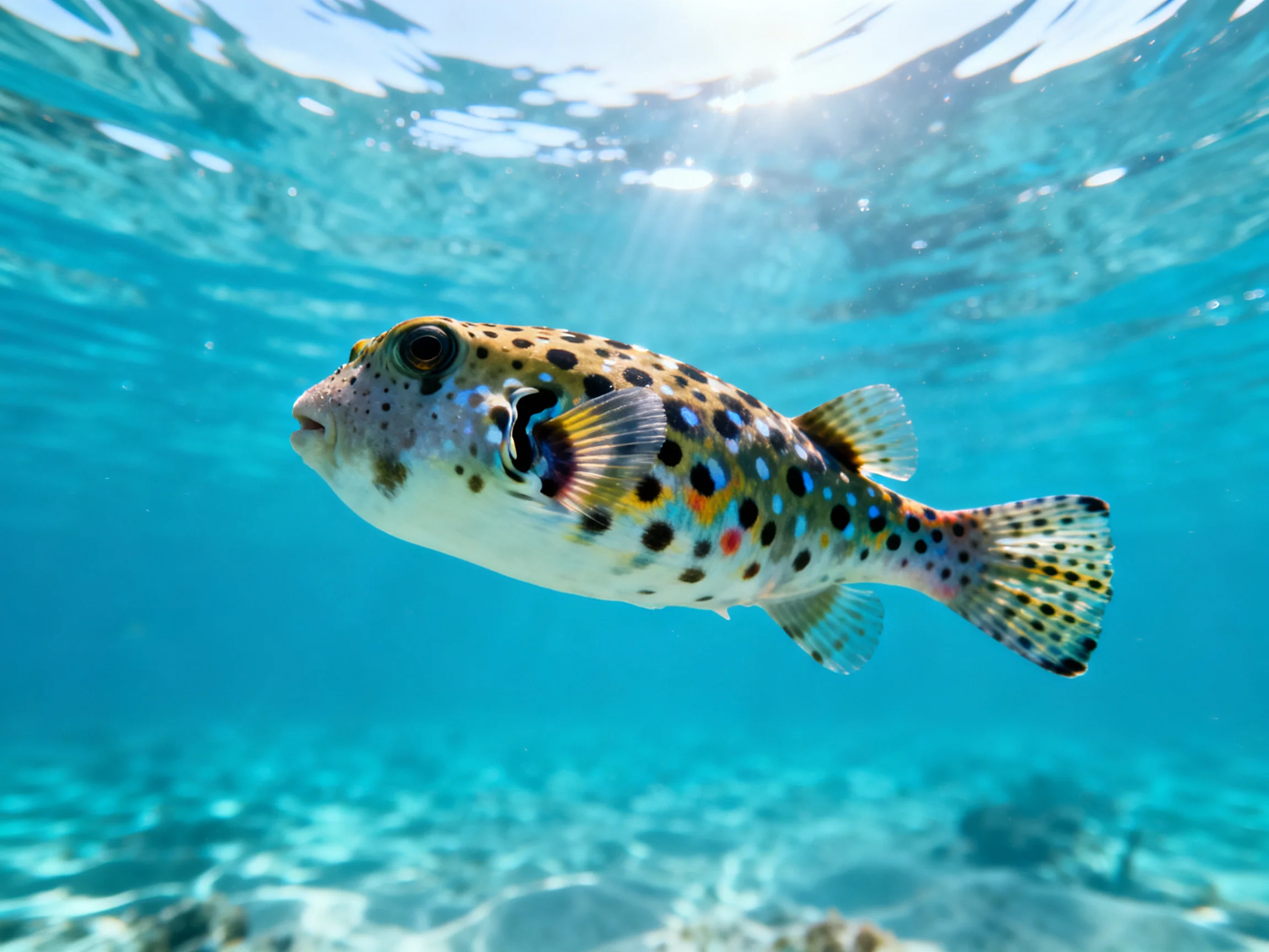 Colorful spotted pufferfish swims in clear turquoise ocean waters